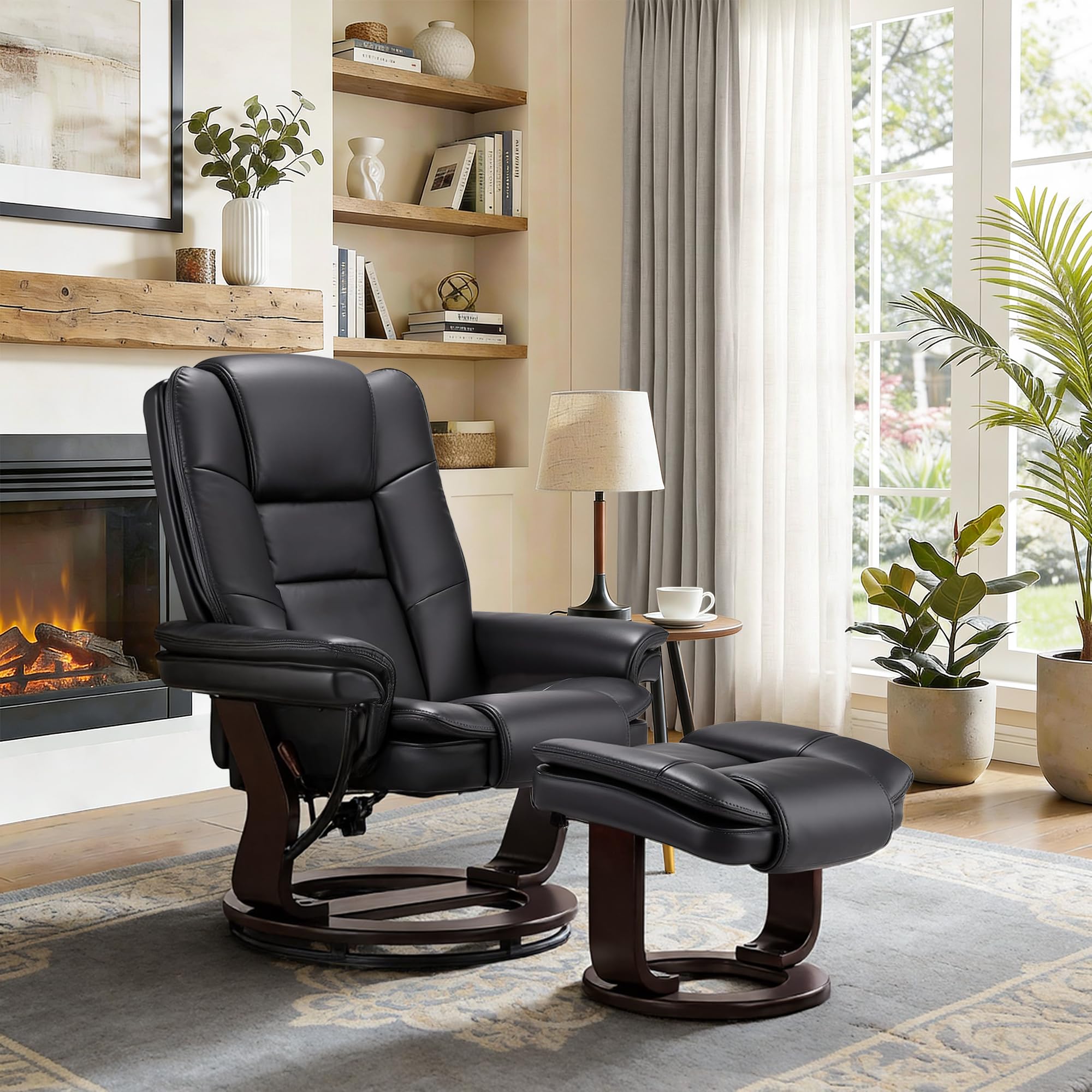 Argus Swivel Recliner with Ottoman, PU Leather & Wood Base Reclining Chair with Footrest, Ultra-Plush Double Foam for Living Room, Bedroom and Office, Set of 1