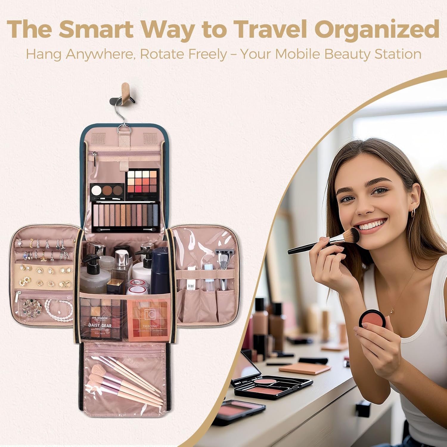 Hanging Toiletry Bag & Makeup Bag for Women with Jewelry Organizer - TSA Approved Large Capacity Travel Cosmetic Organizer, Waterproof Shower Essentials Case with Transparent Pockets - Image 2