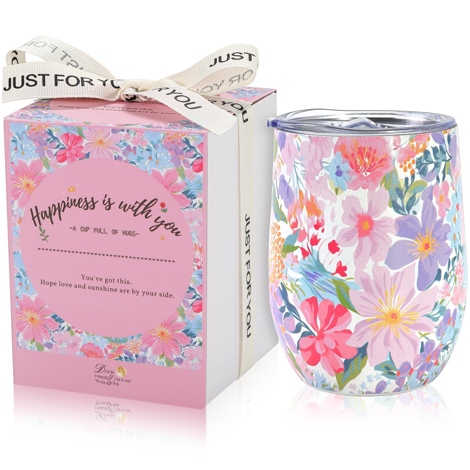 12oz Vacuum Insulated Wine Tumbler, Stainless Steel Flower Cup with Lid, Womens Birthday Friendship Gifts for Friend Coworkers Teacher Sister Girlfriend Her, Mothers Day Gifts for Mom