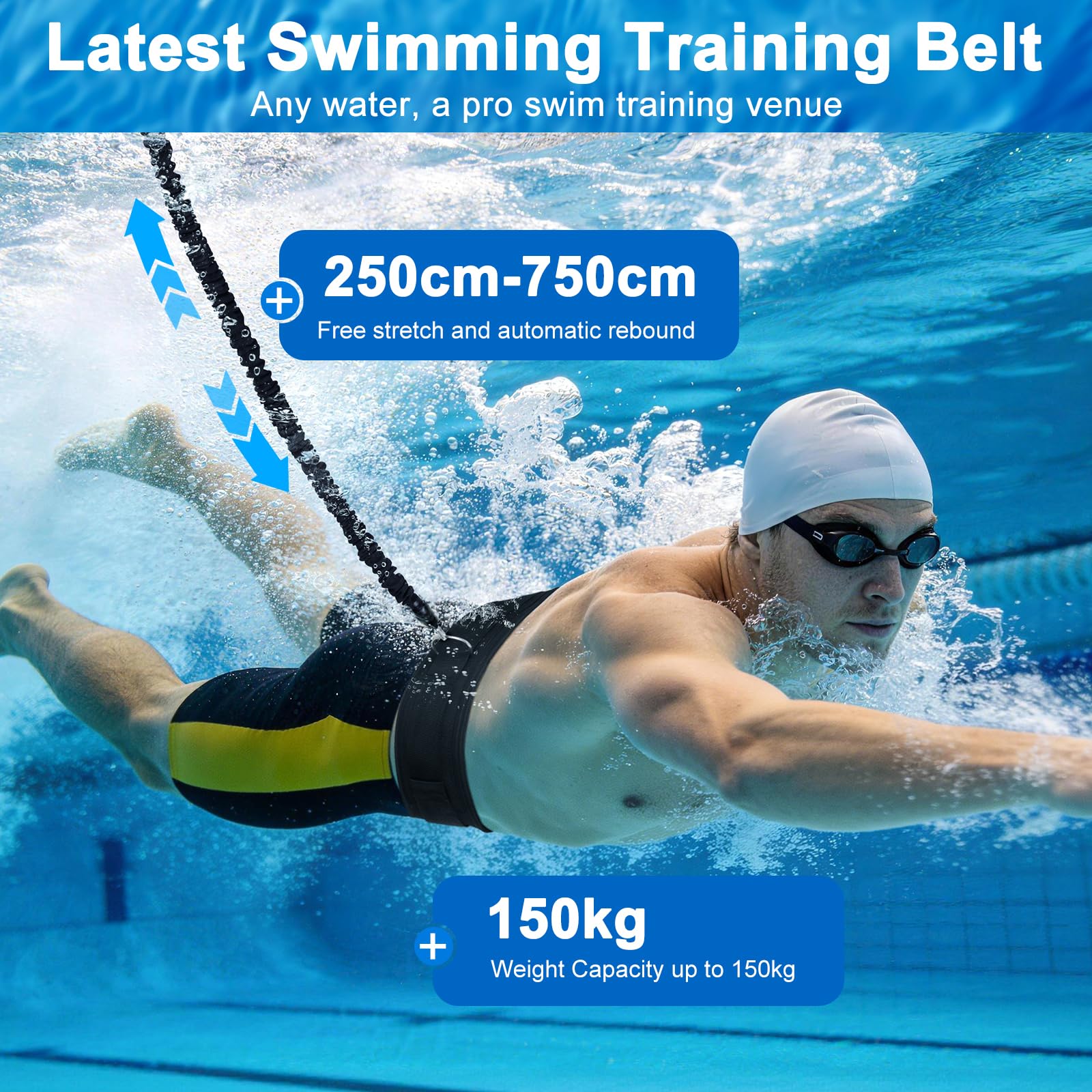 Cinturón de Natación para Piscina Adultos y Niños, 2,5-7,5M Goma Elástico Natación de Látex Natural con Cinturón Ancho y Acolchado, Nadathlon Accesorios Cuerda para Nadar Estatica, Negro