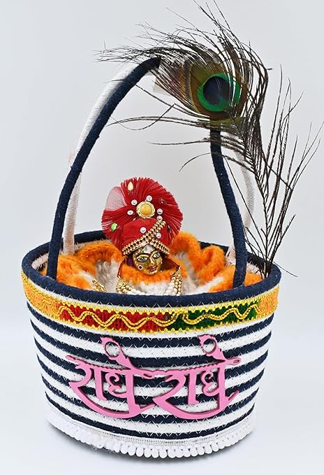 ROYAL TREND Bal Gopal Thakur ji Decorative Cary Basket/Daily Uses/Tokri with Suitable Handle for Travelling laddu Gopal relex Cotton Basket Multicolor Pack of 1 (Size: 0-5) Eco- Friendly Navy