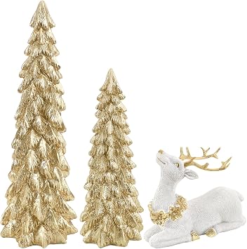 3 Pack Christmas Trees and Reindeer Figurines Decoration- 2 Glittered Christmas Tree Statues and 1 Deer Vintage Christmas Decor Set, Resin Ornaments Tabletop Shelf Office Display Stand IndoorGold