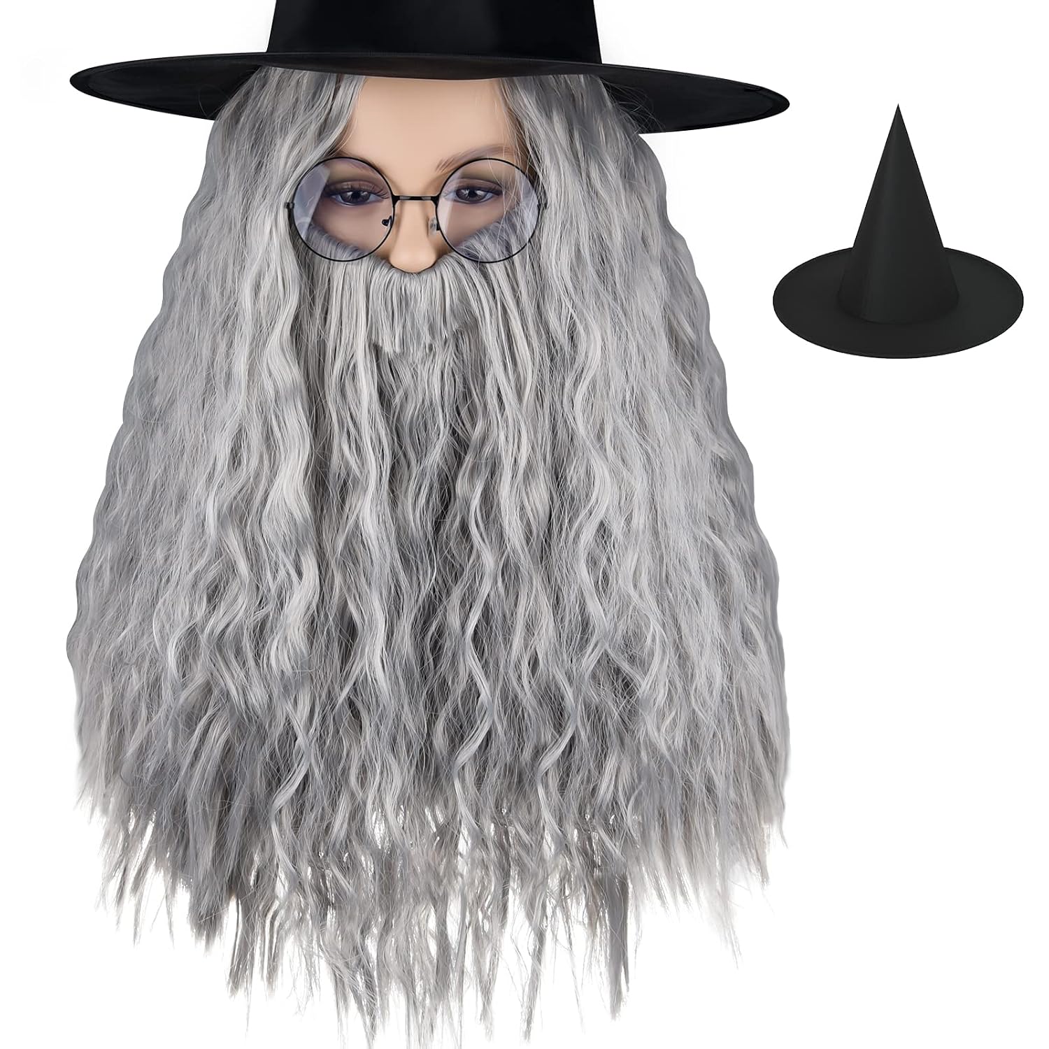 PLULON 4 Pieces Grey Wig and Beard Long Gray Wizard Wig and Beard Costume Accessory for Halloween party Adults