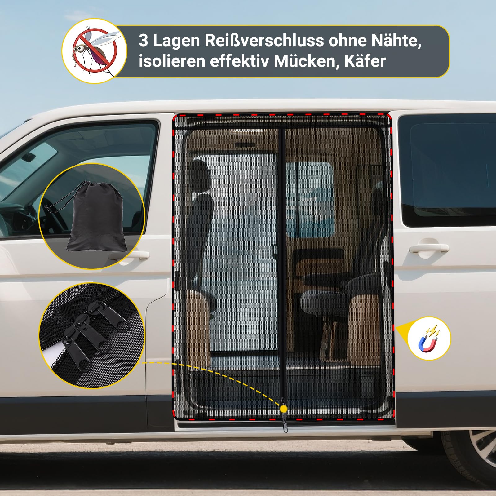 Moskitonetz Magnetico per VW T5 T6 Porta Scorrevole | Zanzariera con Cerniera Centrale | Protezione Solare come Accessorio da Campeggio per Multivan