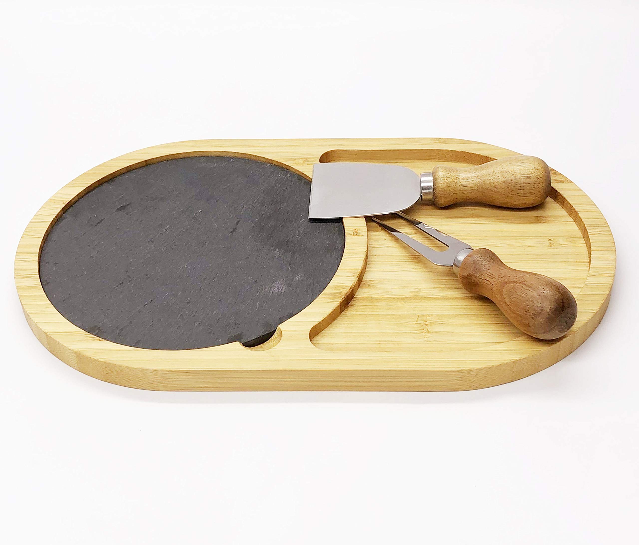 Bamboo cheese board with slate cutting board, Each set together with 1pc cheese knife and 1pc cheese fork