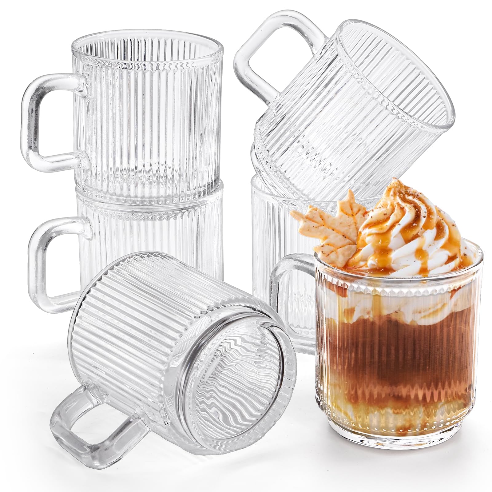 Noamus 6 Pack Premium Glass Coffee Mugs with Handle, 350ml Classic Vertical Stripes Glass Tea Cups, Transparent Ribbed Beverage Mugs, Clear Vintage Glassware Set for Hot Cold Americano, Cappuccino