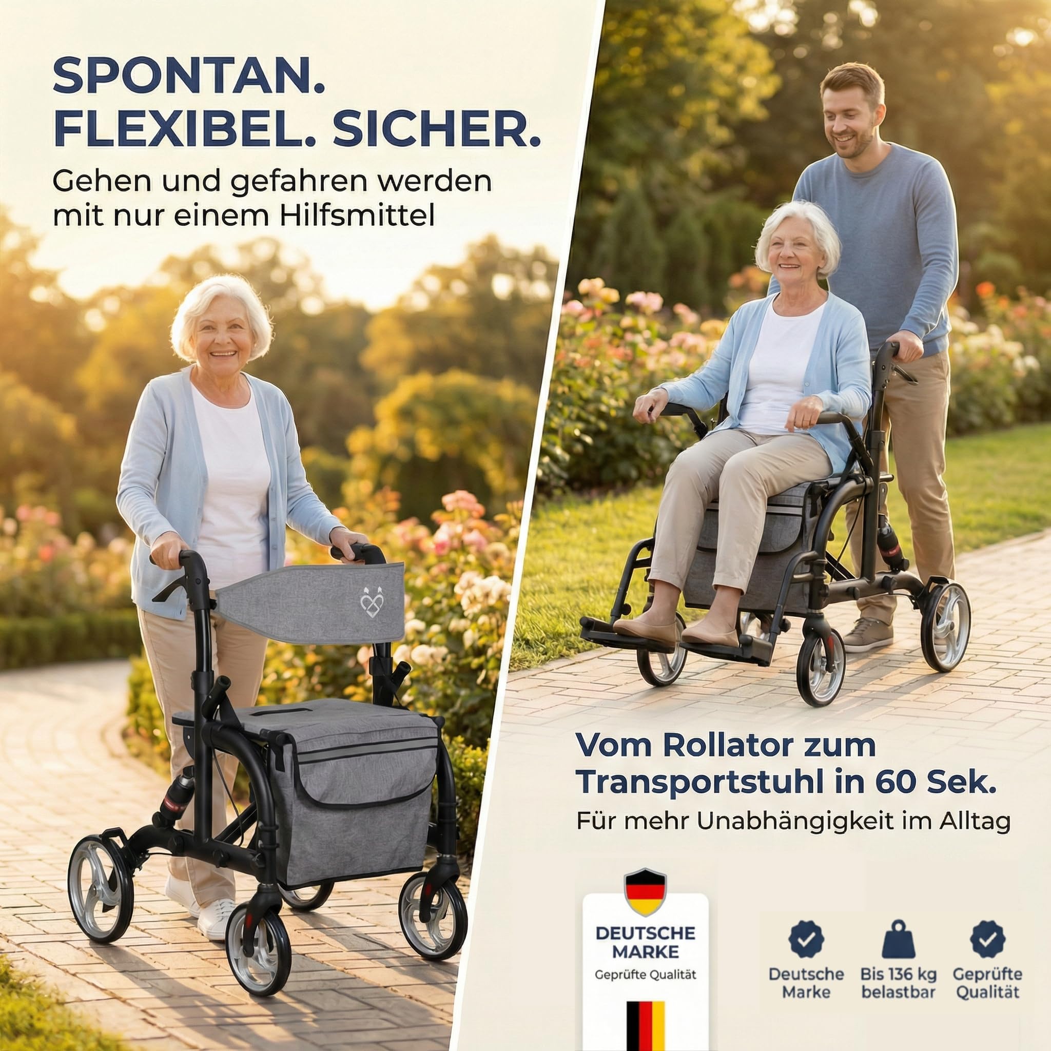 Rollator Rollstuhl 2 in 1 faltbar mit Federung, Matt-Schwarz
