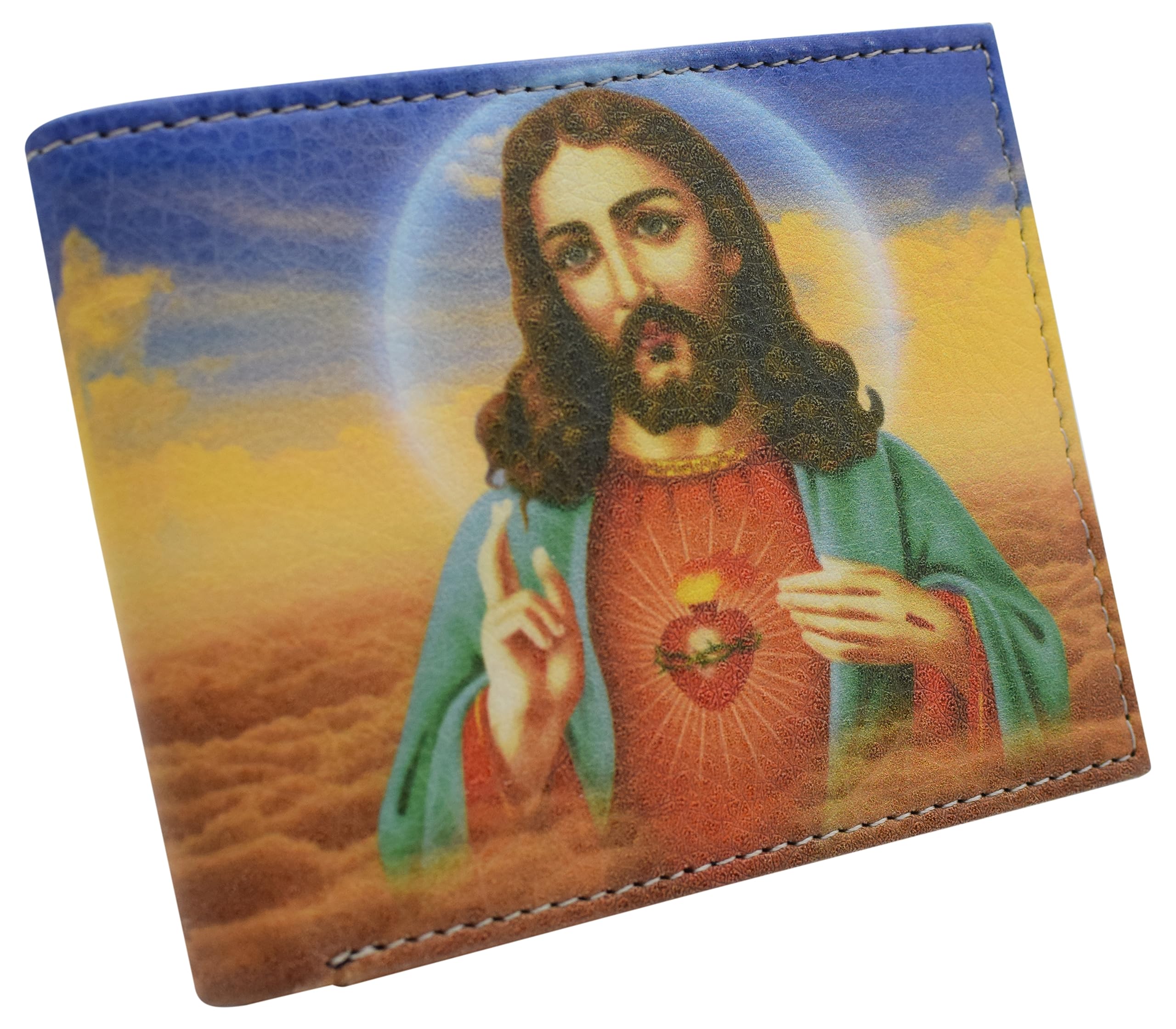 MARSHAL RFID Blocking Jesus Printed Bifold Genuine Leather Wallet for Men with Gift box