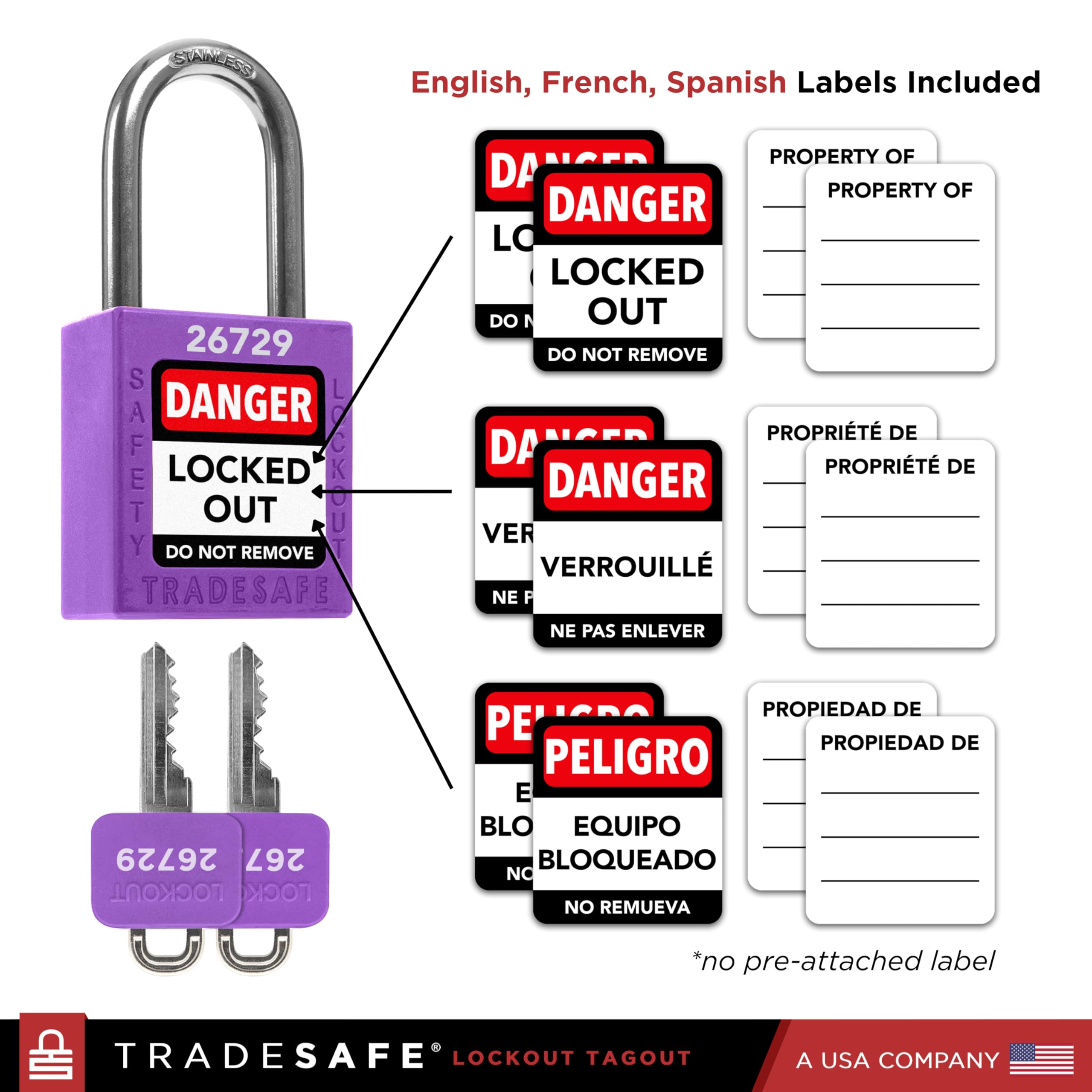 TRADESAFE Juego de cerraduras de bloqueo – 10 candados morados con llave igual, 2 llaves por cerradura, cerraduras Loto compatibles con OSHA para estaciones de etiquetado, grado premium