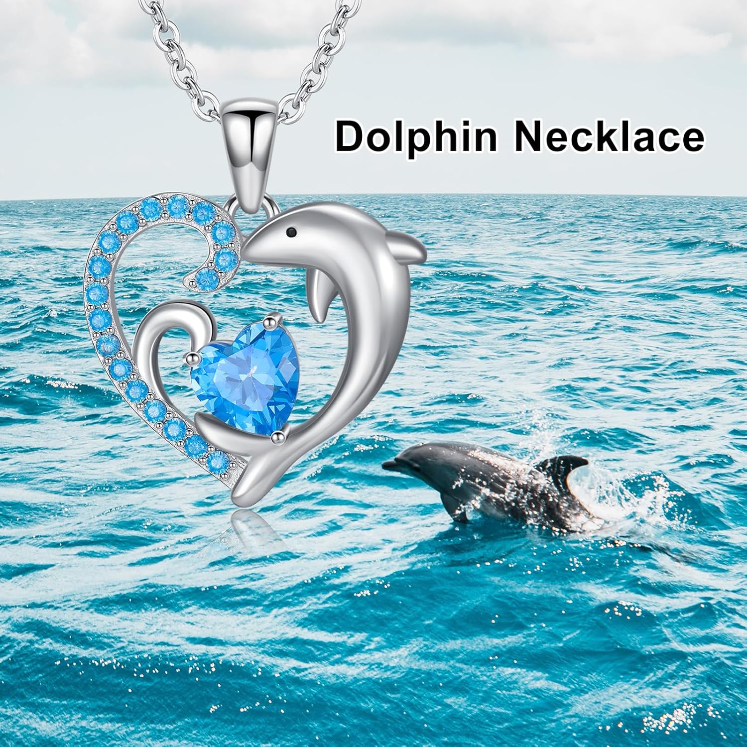 Dolphin Necklace for Women 925 Sterling Silver Blue Topaz Birthstone Dolphin Heart Pendant Jewelry Gifts - Image 5