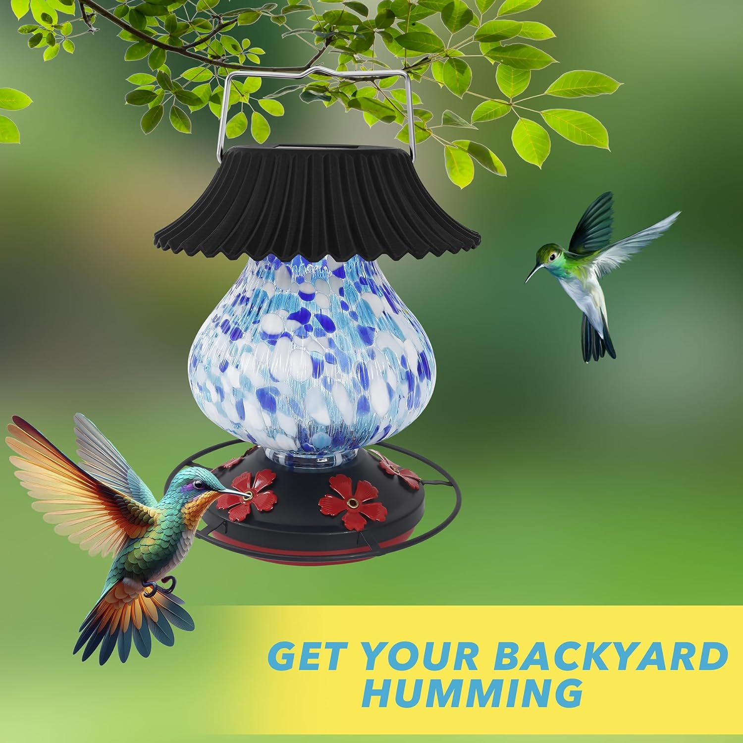Solar Hummingbird Feeder-5 Feeding Ports with Perch, Hand Blown Glass Blue White Color Changing - Never Leak, Multicolor Night Lights – Perfect Hummingbird Feeder for Outdoors for Nature Enthusiasts
