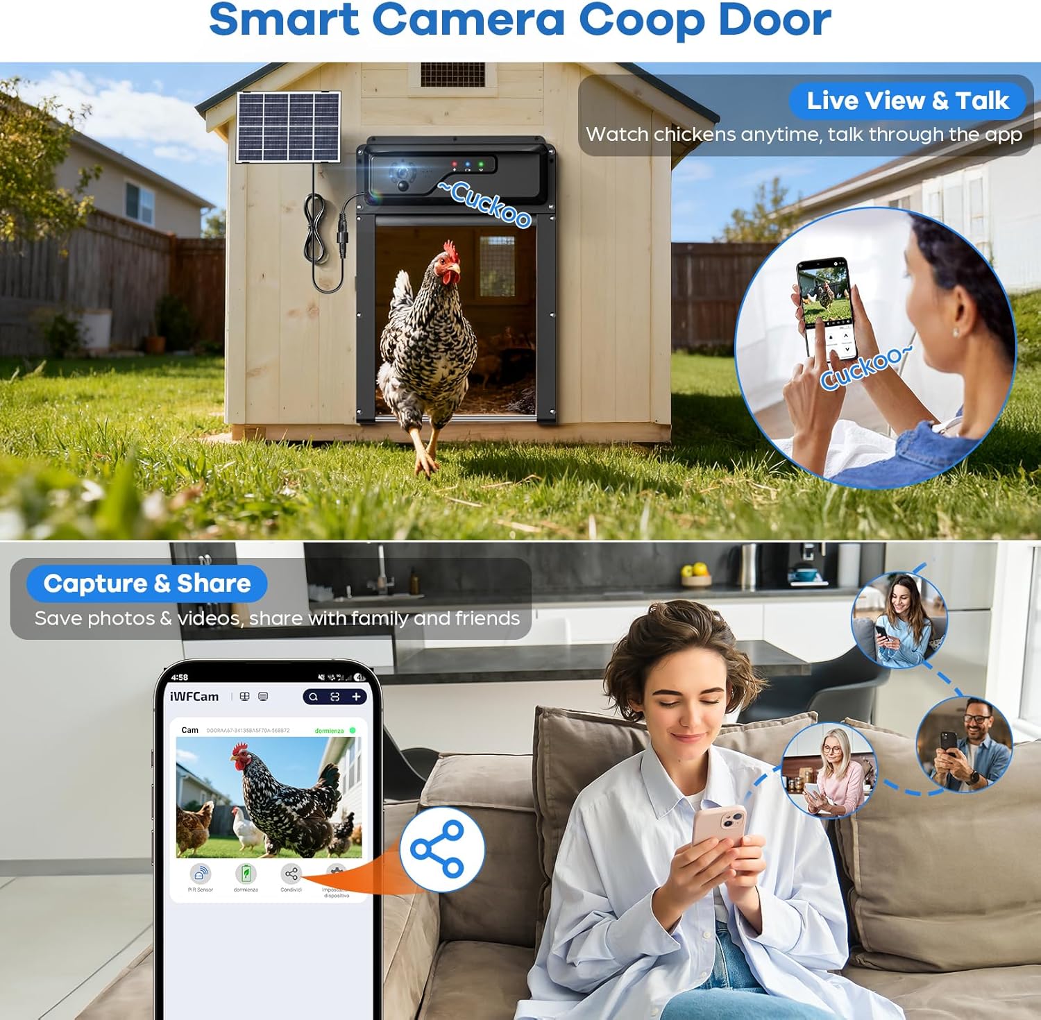 A chicken coop door with a solar panel, showing a chicken exiting. Insets show a person viewing live video on a phone and another person sharing images with friends.