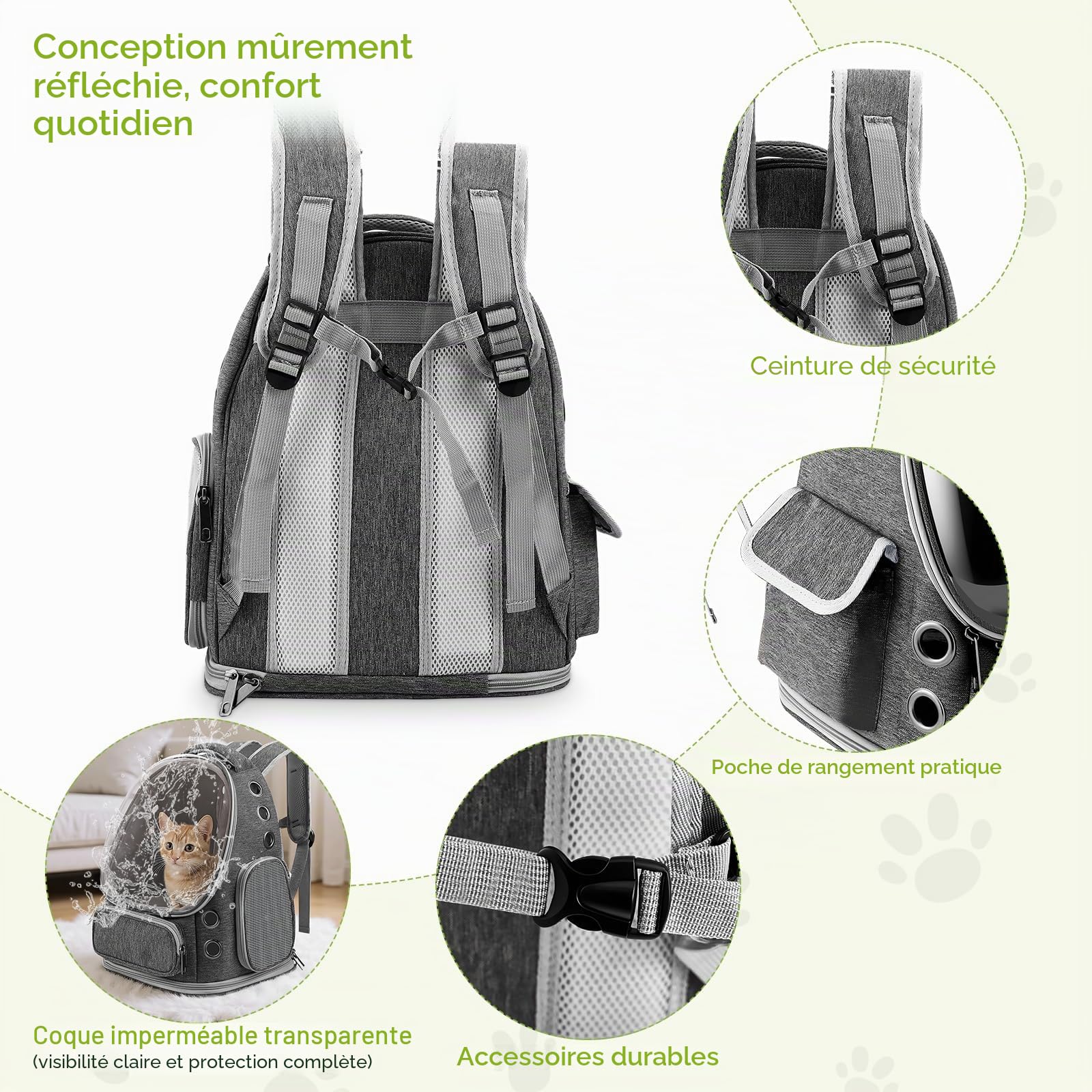 Sac à Dos pour Chat Bulle Transparent, Sac de Transport pour Animal - Sac Portable et Pliable pour Chien/Chat jusqu'à 5kg, Respirant et Léger pour Vétérinaire, Voyage (Gris, 42x34x27cm)