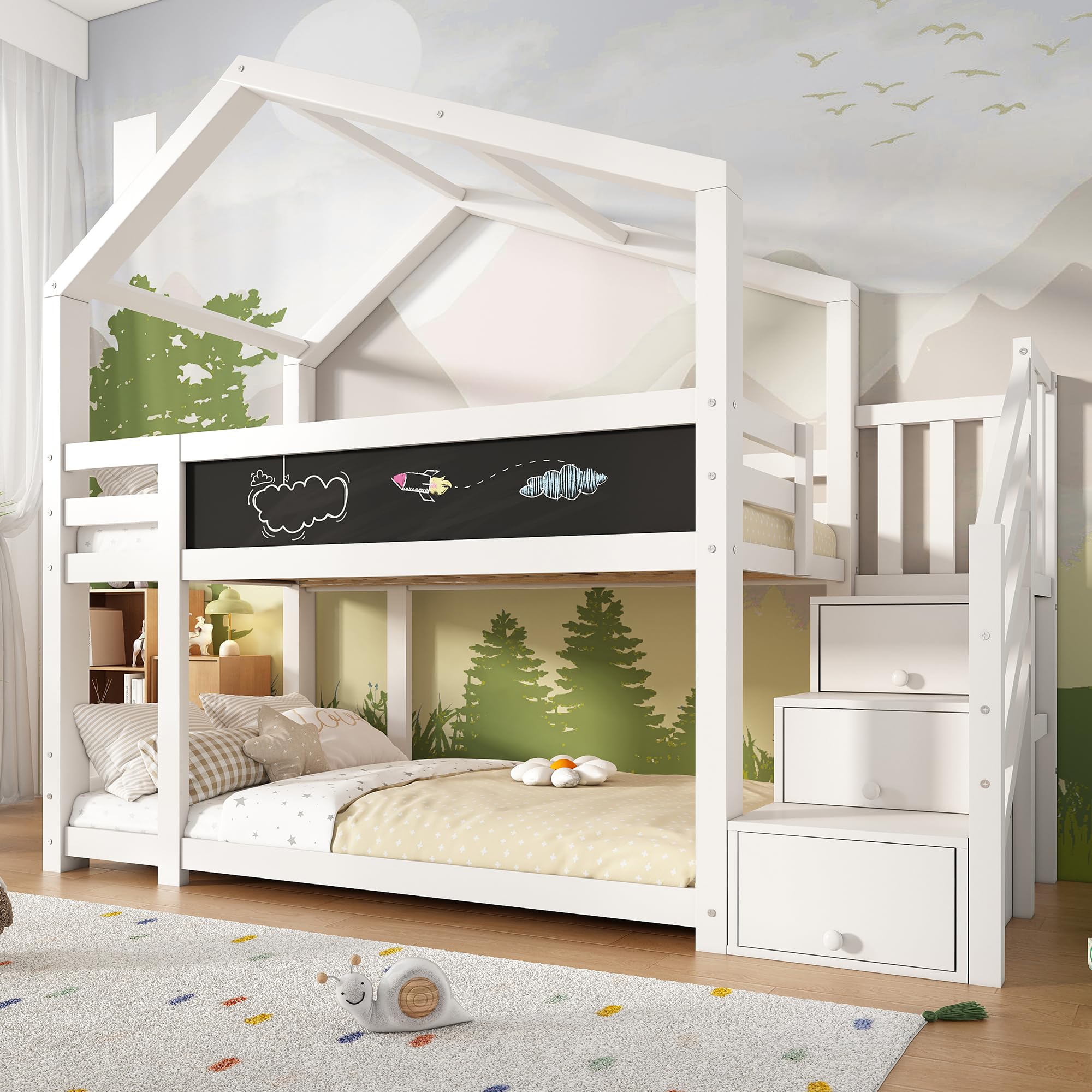 Letto a castello, Cameretta Letti 90 x 200 cm, Culla con 2 Posti Letto e Rete a Doghe, Letto a Soppalco in Pino, con Protezione Anti-caduta