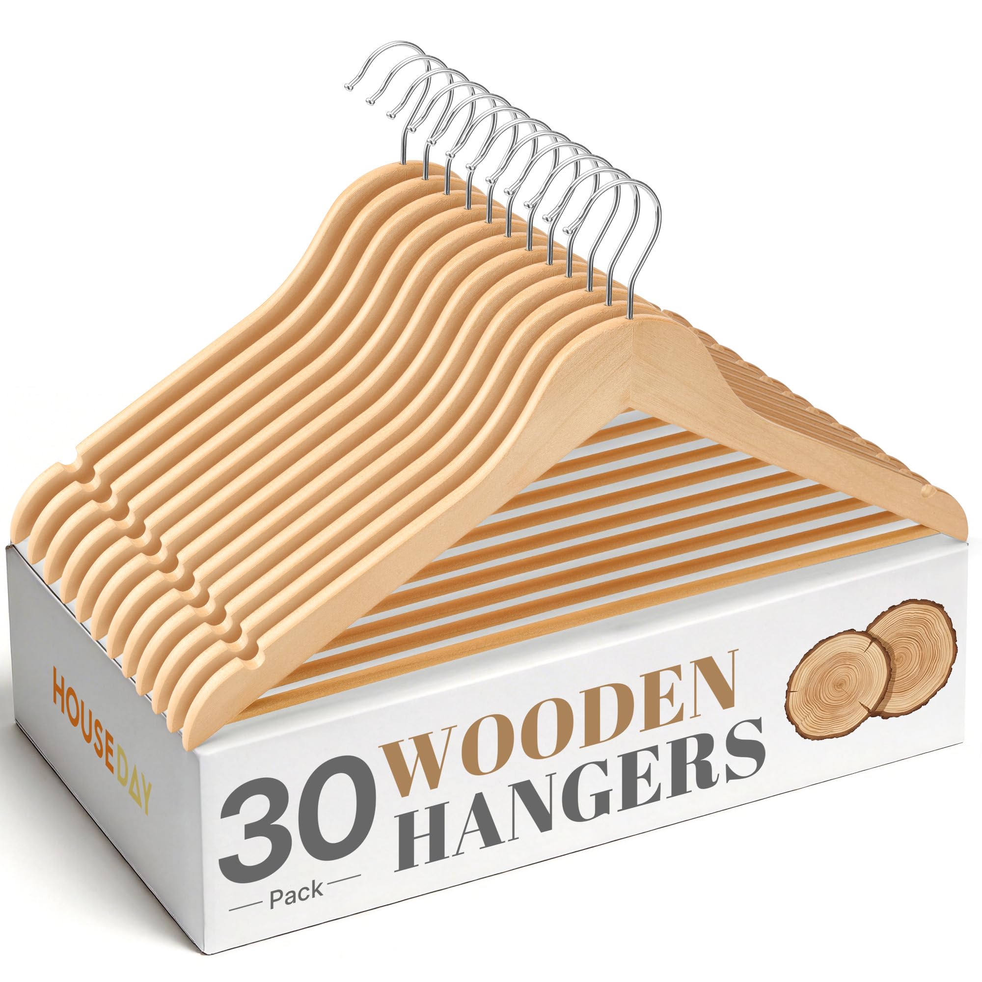 HOUSE DAY Juego de 30 perchas de madera, perchas de madera natural de alta calidad con gancho giratorio 360°, perchas resistentes para guardarropa, estrechas y ahorran espacio, perchas de madera