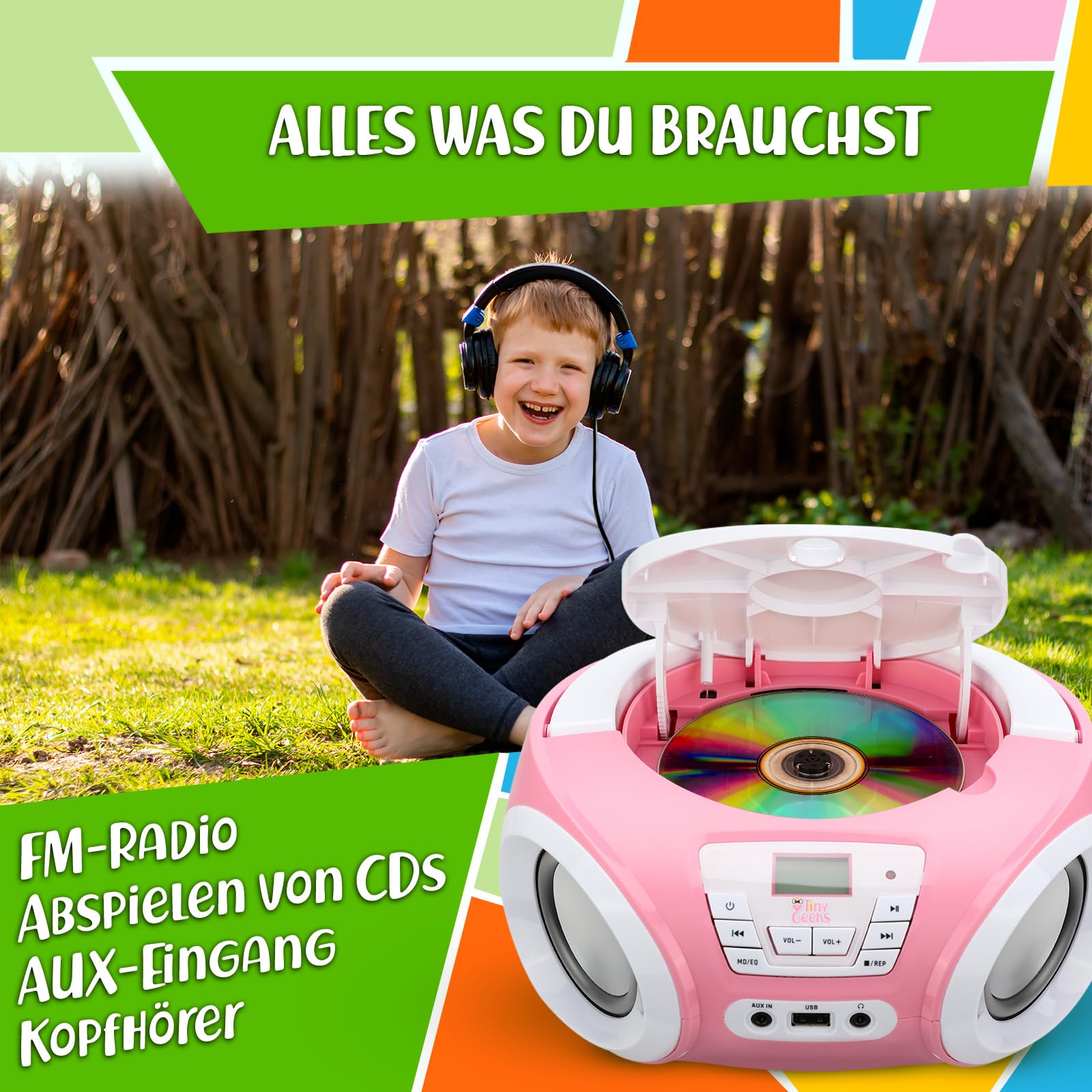 TINYGEEKS Tunes Kids Boombox CD-Player für Kinder NEU - UKW-Radio - Inklusive Batterien - Rose Radio - mit Lautsprechern Kinder und Kleinkinder - Rose