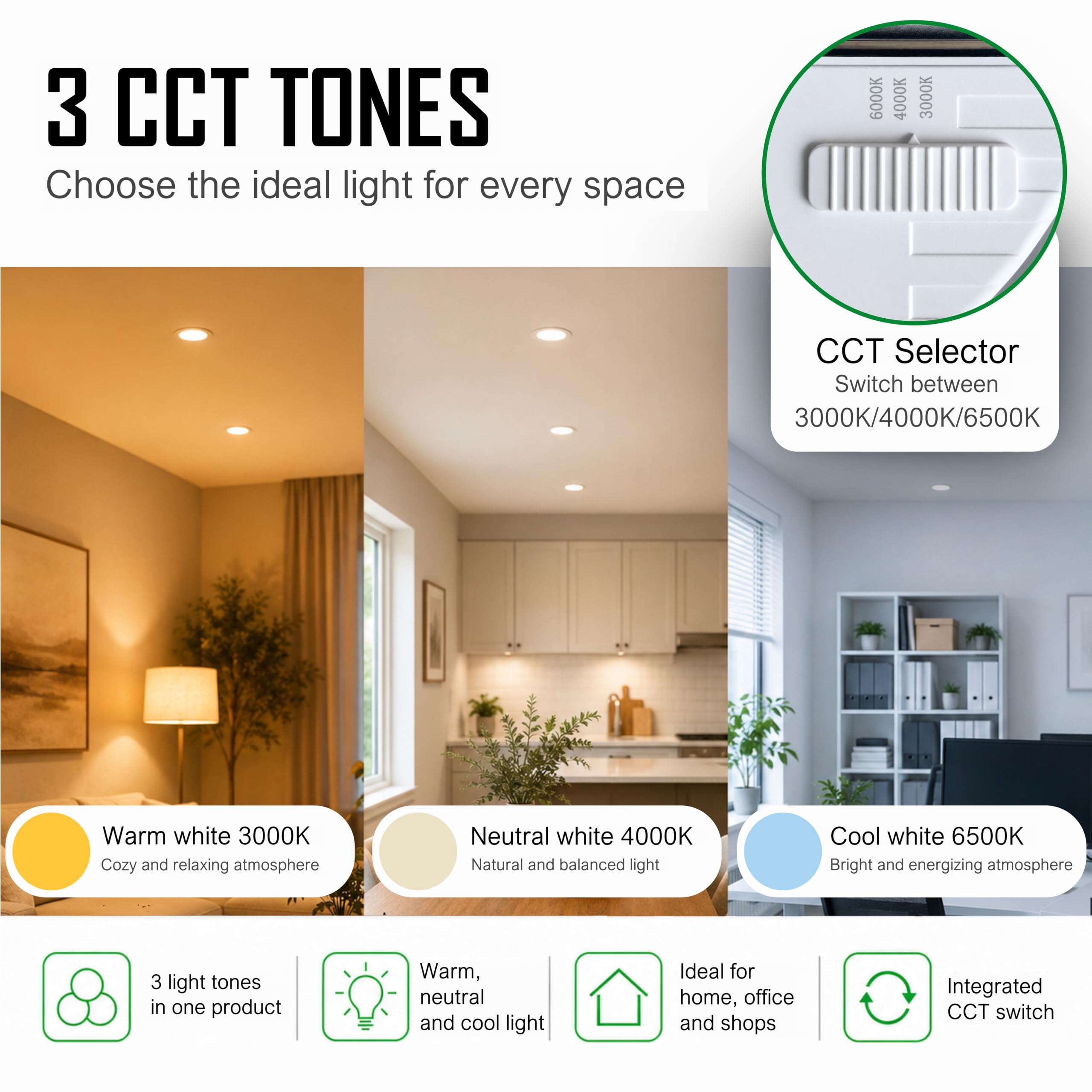 CLAR – Faretto quadrato da incasso 20 W, Downlight per bagno, lampadario moderno per ufficio o camera da letto, CCT (3000ºk-4000ºk-6500ºk) (Pack 10)