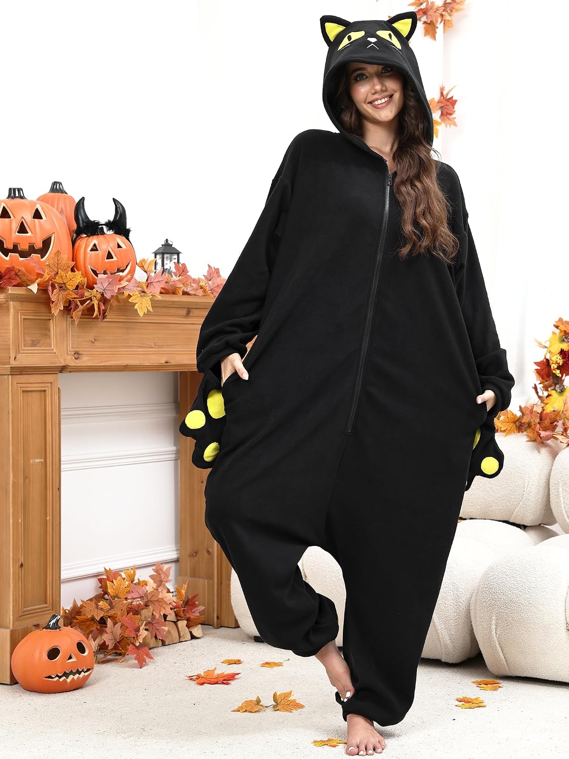 Black Cat Costume Women Adults Cat Onesie Cosplay Hooded Pajamas Sleepwear