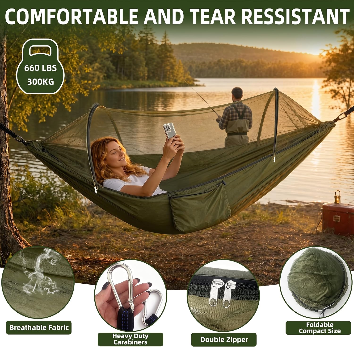 Ultra-Light Travel Camping Hammock with Pop-up Bug Net Hammock, Breathable and Quick-Drying Parachute Nylon 2 Premium Carabiners, 2 Tree Slings Included for Outdoor Backpacking Hiking Camping