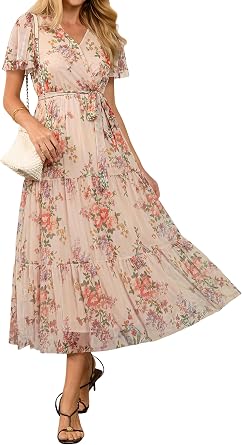 BerryGo Womens Summer Floral Maxi Dress Wedding Guest Casual Flowy Short Sleeve V Neck Boho Cocktail Dresses 2026
