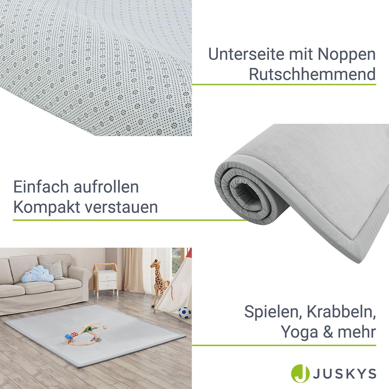 Juskys Krabbelmatte Spielmatte Krabbeldecke 220x180cm Samtmatte Teppich für Kind, Baby, Yoga - rutschfest, weich Kinderteppich Spielteppich in Grau