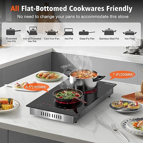 Miniatura 3 de Estufa eléctrica de 2 quemadores Estufa eléctrica de 12 pulgadas integrada y encimera de 2000 W, 120 V, portátil, dos quemadores, radiante, sensor