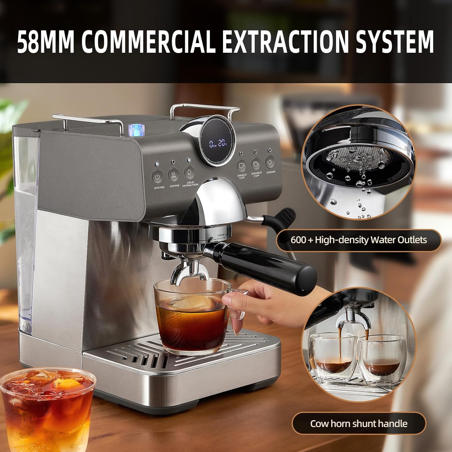 Mcilpoog Espresso Machine 20 Bar，Compact Coffee Maker with Steam Milk Frother&Iced Coffee，Barista Cappuccino Latte Machine with LCD Display，Gift for Coffee Lover