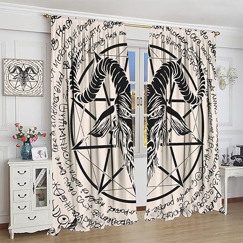 Vista 72 de Cortinas de cabeza de cabra, misteriosa cabeza de cabra malvada, calavera negra, bolsillo para barra, cortinas opacas para ventana, juego de 2