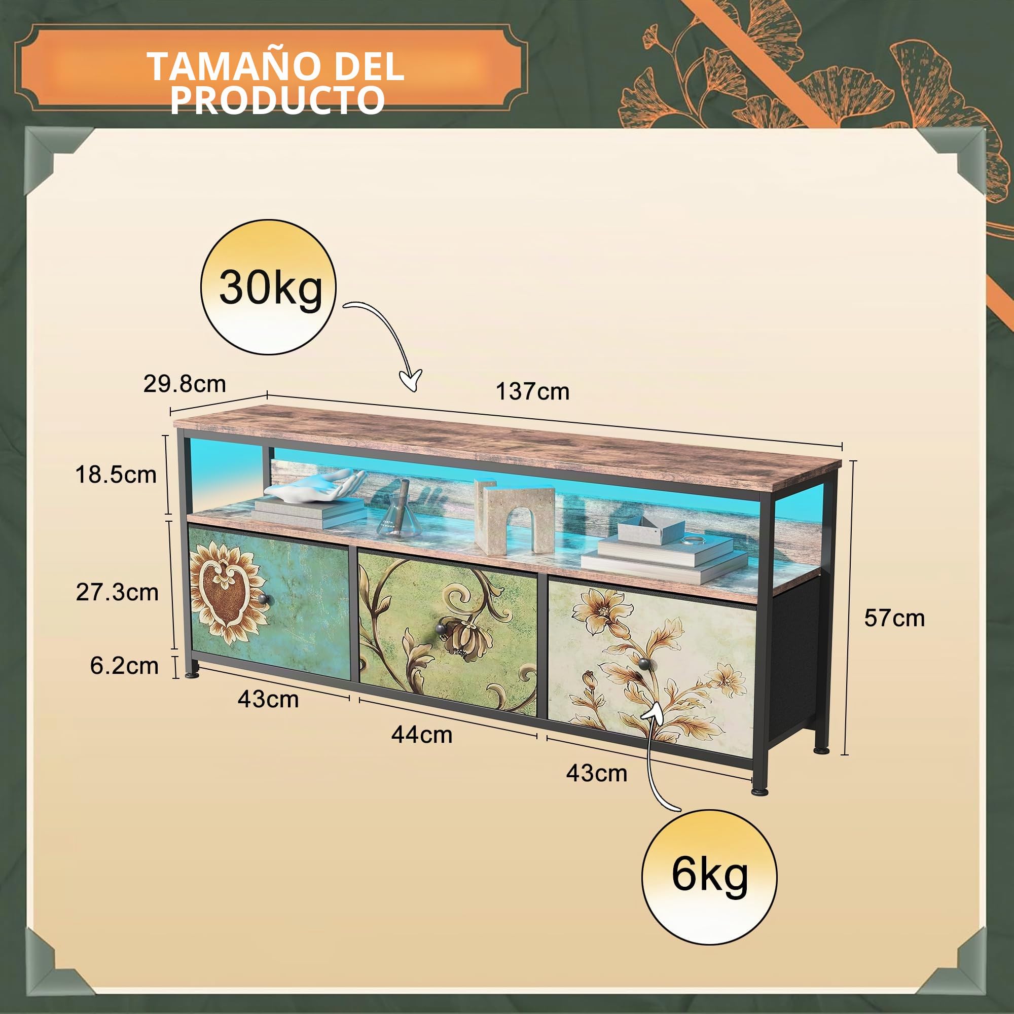 Mueble para TV LED, 137 cm, mesa de TV, mueble para televisión con cajón LED y tejido, mesa de TV para sala de estar con almacenamiento, banco bajo móvil para TV para sala de estar, dormitorio