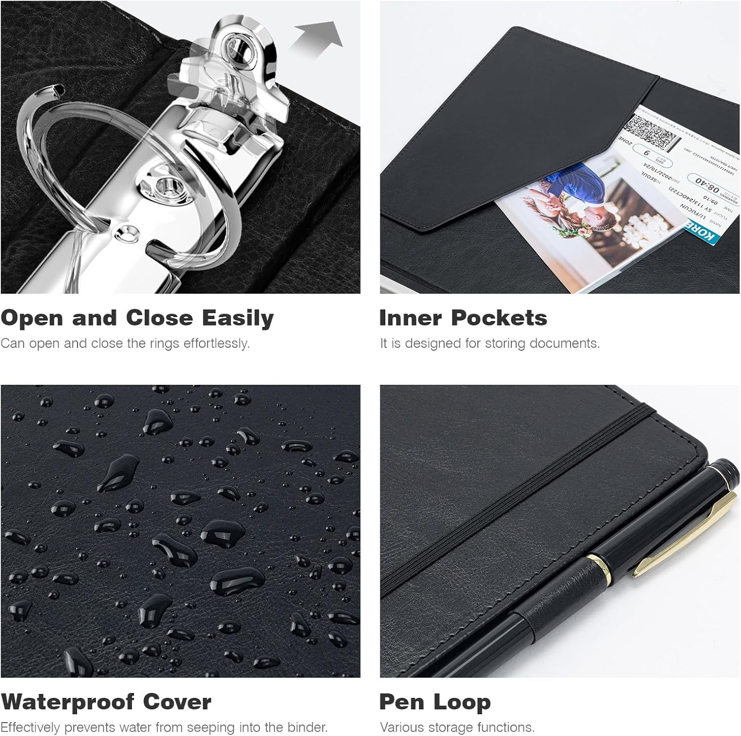 Ospelelf 3 Ring Clipboard Binder 1 Inch Leather for Letter Size (8.5" x 11"), Clipboard Binder with 5 Tab Dividers, Black