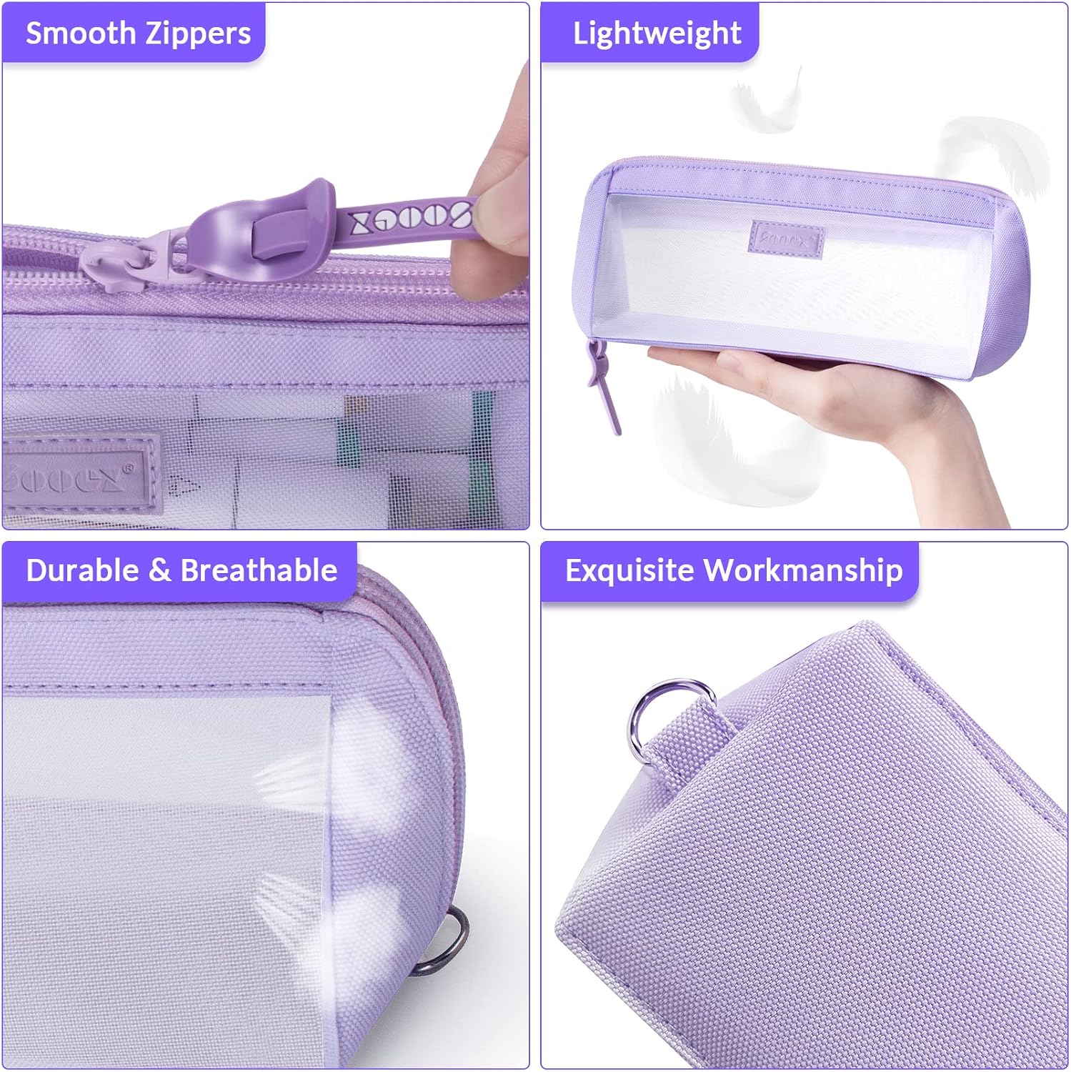 Sooez Large Grid Mesh Pencil Case, Big Capacity Clear Pencil Pouch Pen Bag with Zipper Closure, Cute Stationery Organizer Transparent Makeup Bag for Adult Girls Boys Office School Supplies, Purple