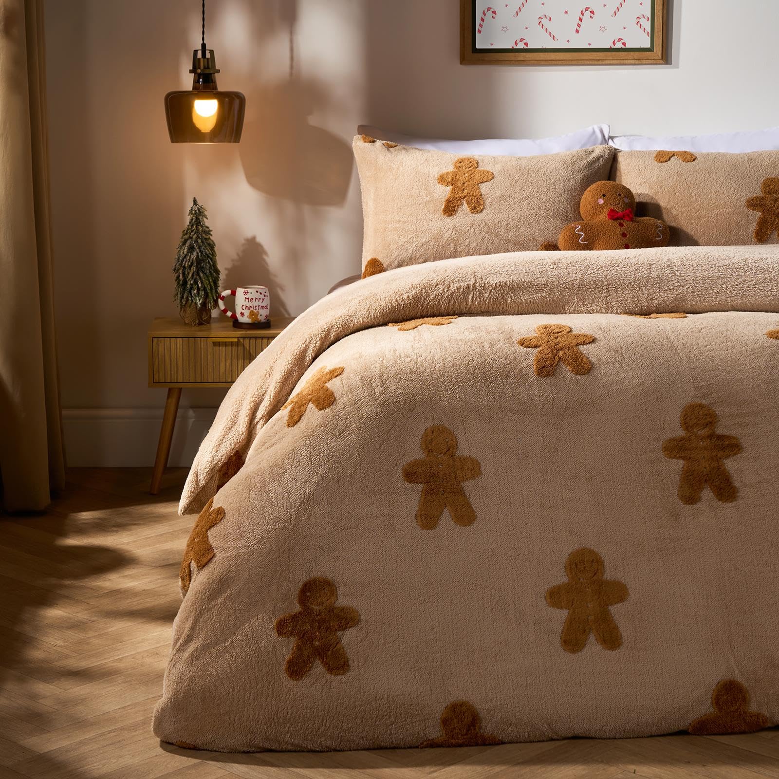 OHS King Size Duvet Cover with Pillowcase - Gingerbread Man - Fleece - Natural