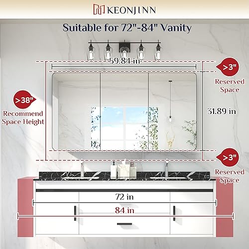 Miniatura 10 de Keonjinn Armarios de medicina de baño negros de 48 x 32 pulgadas con espejo, estantes ajustables, marco de acero inoxidable, bisagra de cierre
