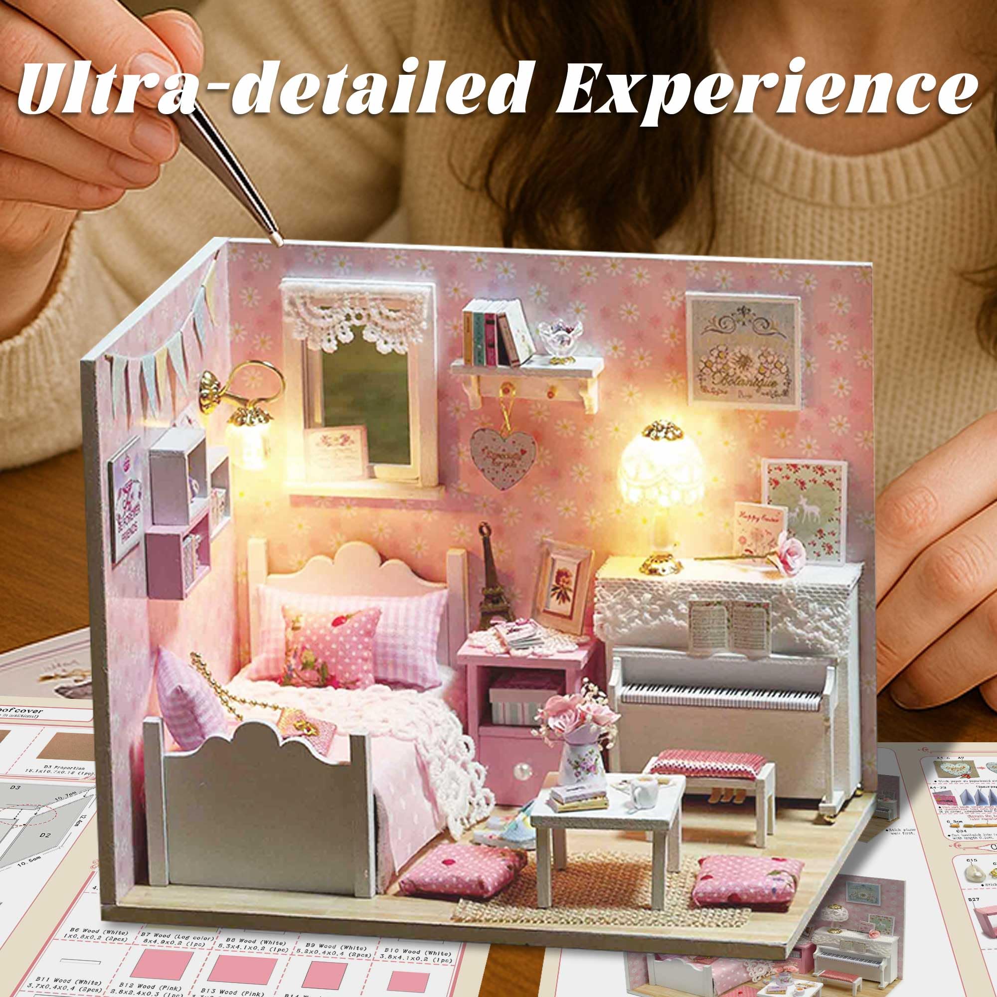 Kit de casa en miniatura, kit de casa pequeña con luz LED, mini kits de manualidades de construcción de casa para adultos y adolescentes, decoración del hogar, regalo creativo para familias 7