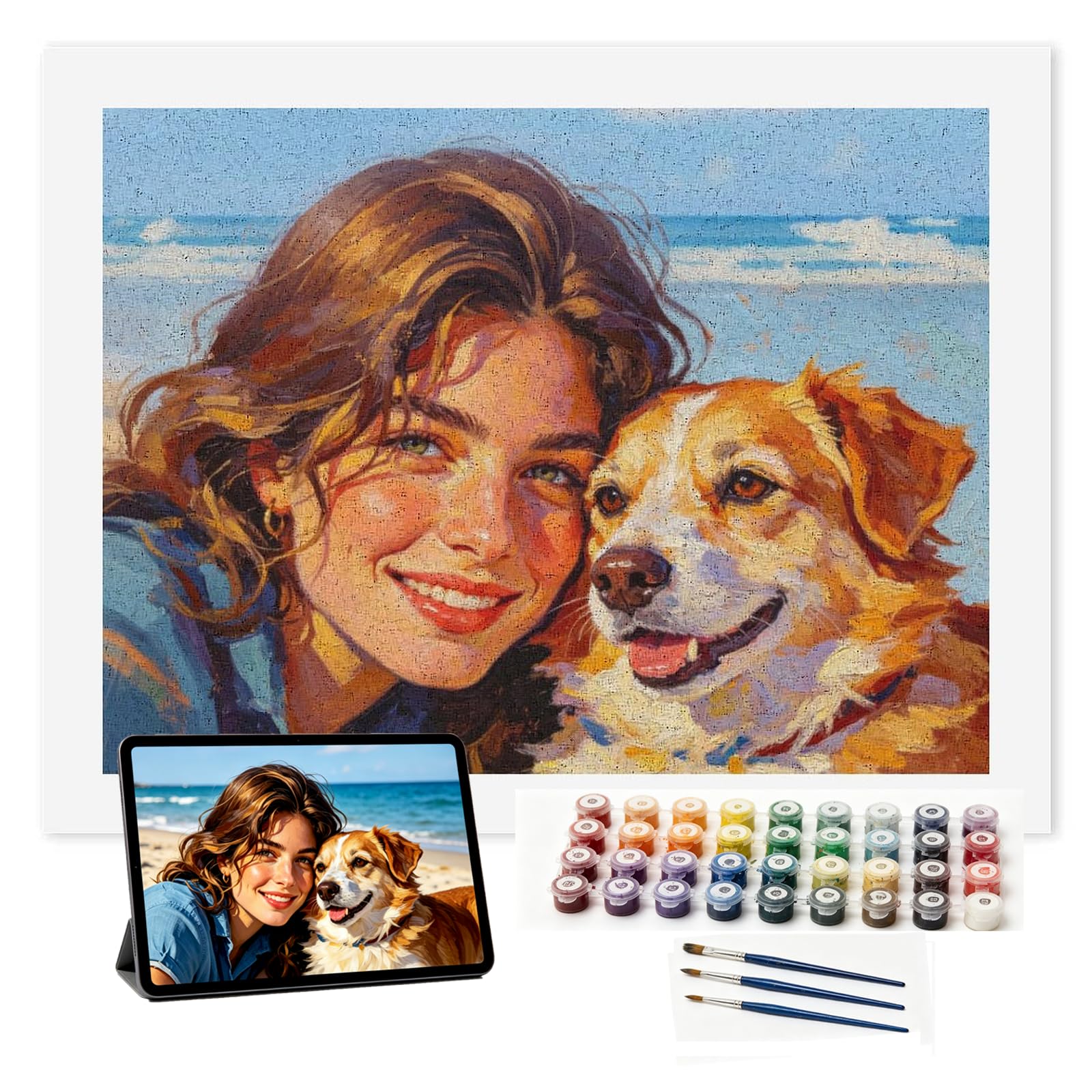 RoPox Personalised Paint by Numbers Photo Custom, DIY Painting by Numbers Make Your Own Photo, Unique Gifts for Couple, Friends, Family, Pets Home Decor, Drawing Canvas with Brushes and Acrylic