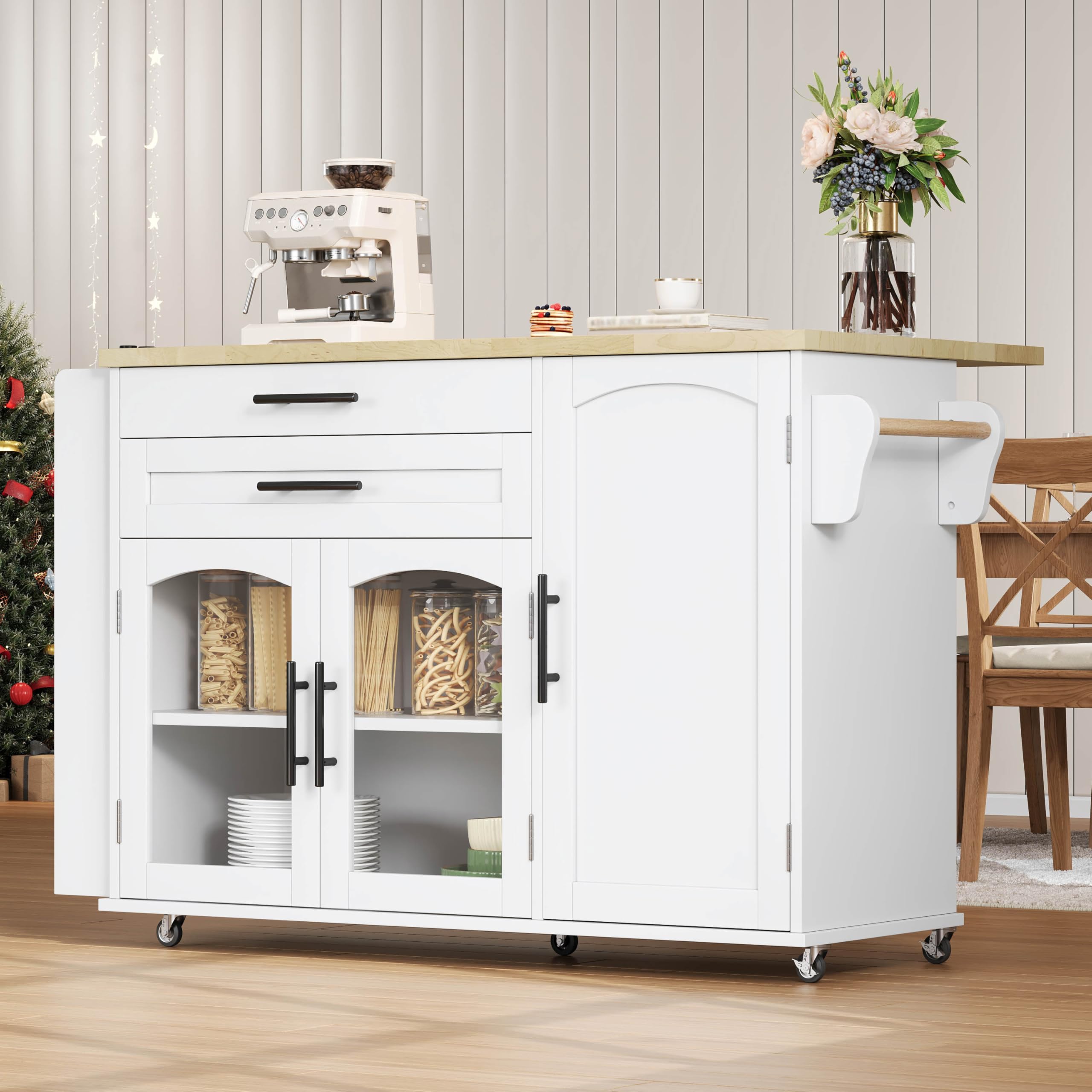Merax Îlot de cuisine mobile avec plan de travail pliable, chariot de cuisine sur 5 roulettes avec frein, étagère à épices et tiroir, îlot de cuisine avec beaucoup d'espace de rangement, 120 x 45 (70