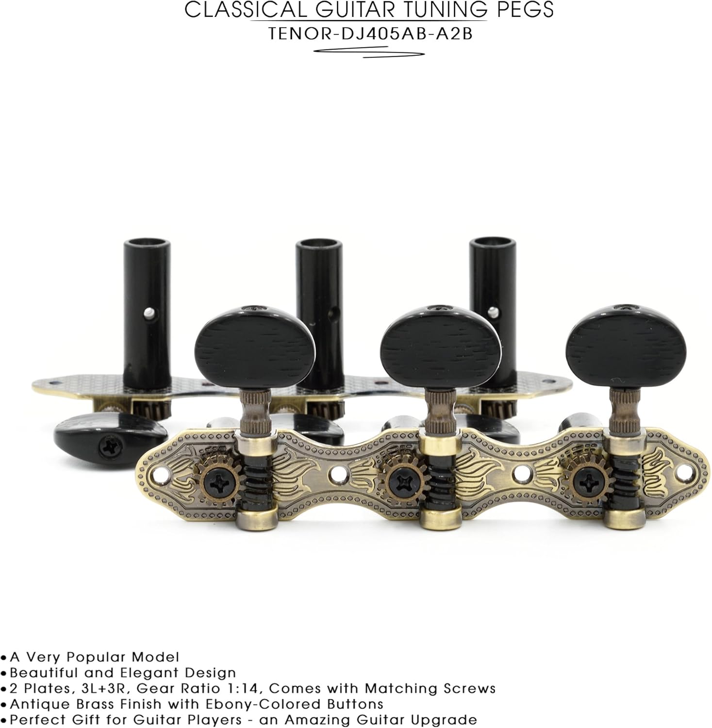 DJ405AB-A2B TENOR Classical Guitar Tuners, Tuning Key Pegs/Machine Heads for Classical or Flamenco Guitar with Antique Brass Finish and Ebony Colored Buttons. : Musical Instruments