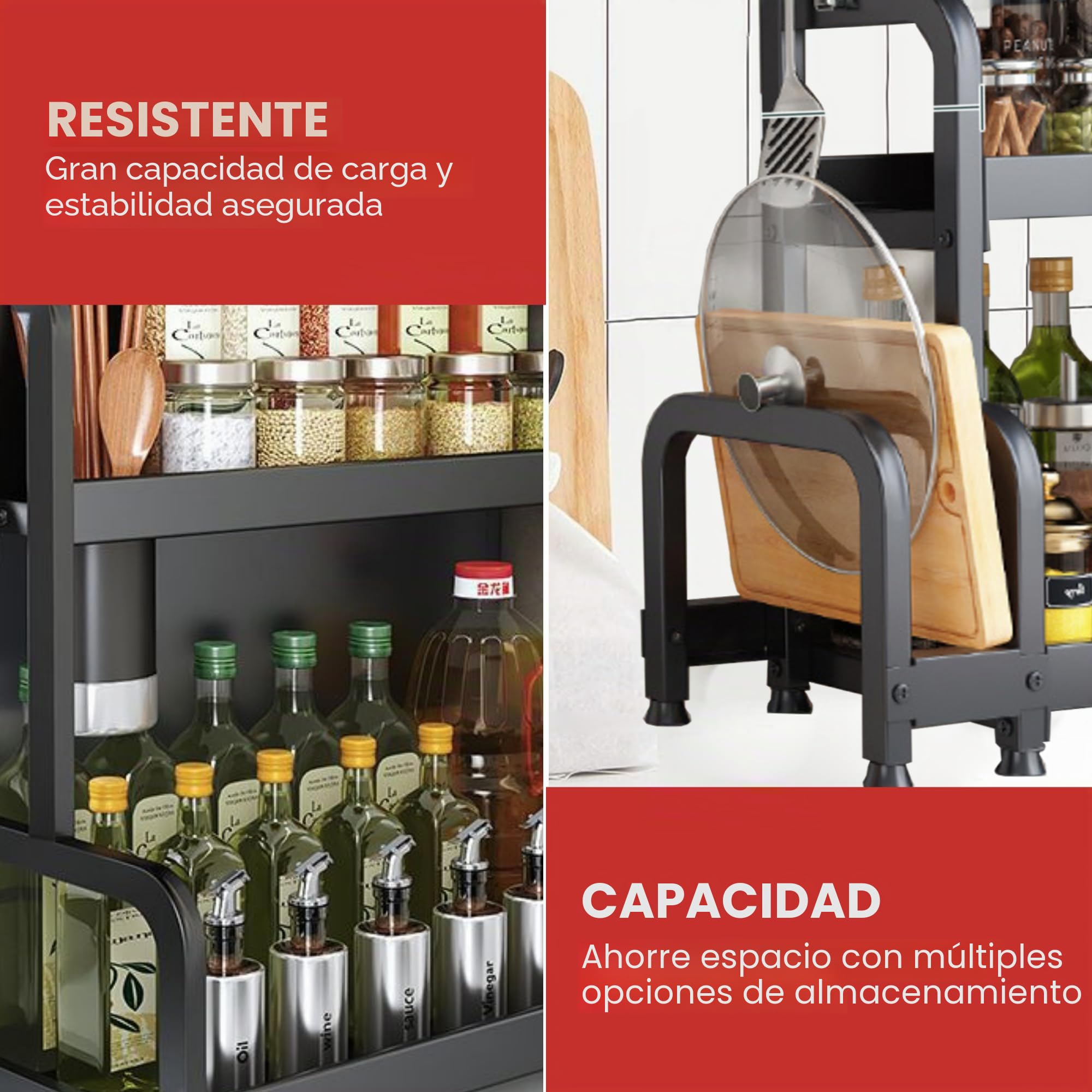 MAGIC SELECT Organizador de Especias. Especiero para la Cocina de 3 Niveles. Estante de Condimentos, Almacenamiento de Botes, Hierbas y Vajilla para la Despensa. Acero al Carbono.