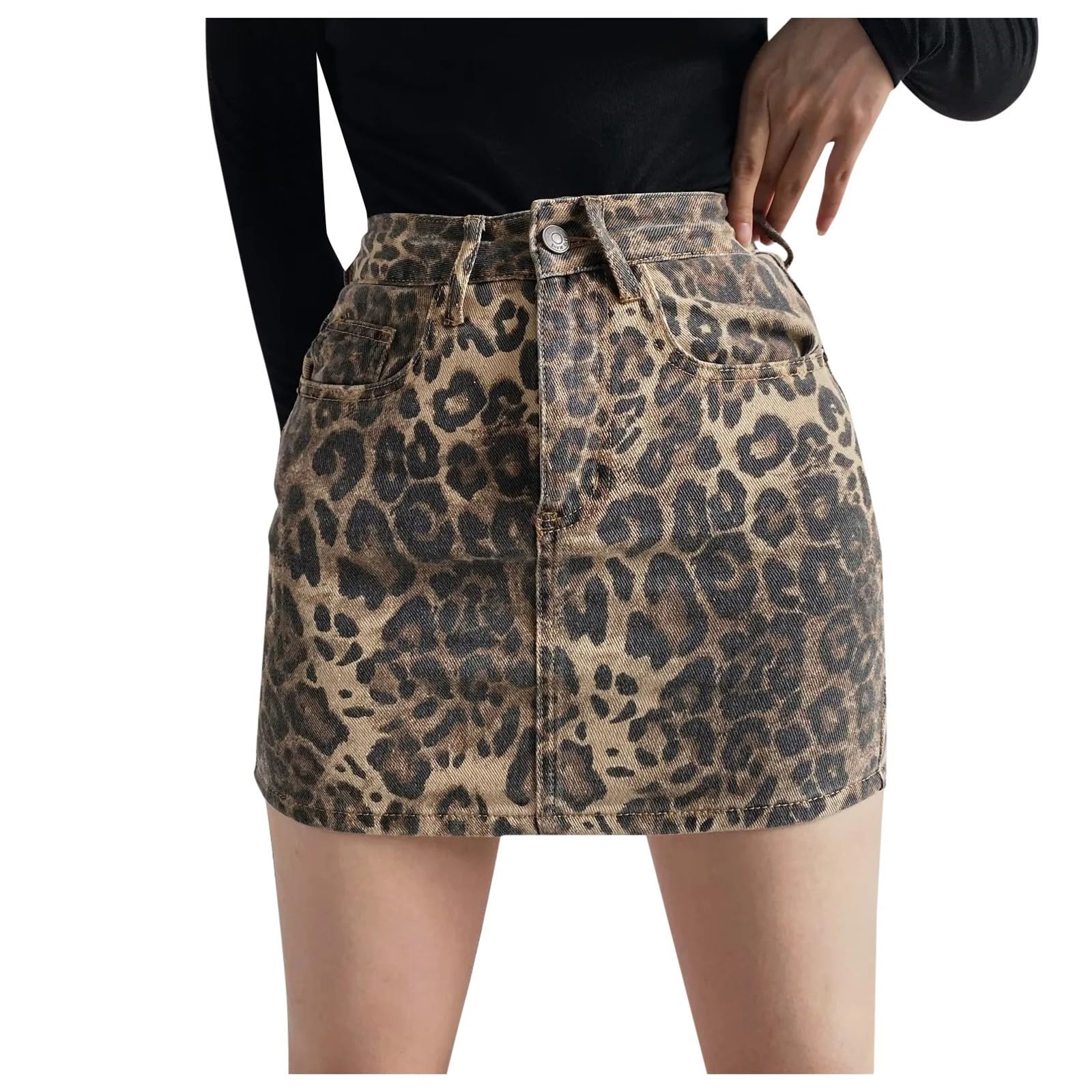 Categoría de producto Falda 1 | Título del producto Minifalda de línea A con estampado de leopardo alto | Falda patinadora de mezclilla con volantes para mujeres de moda