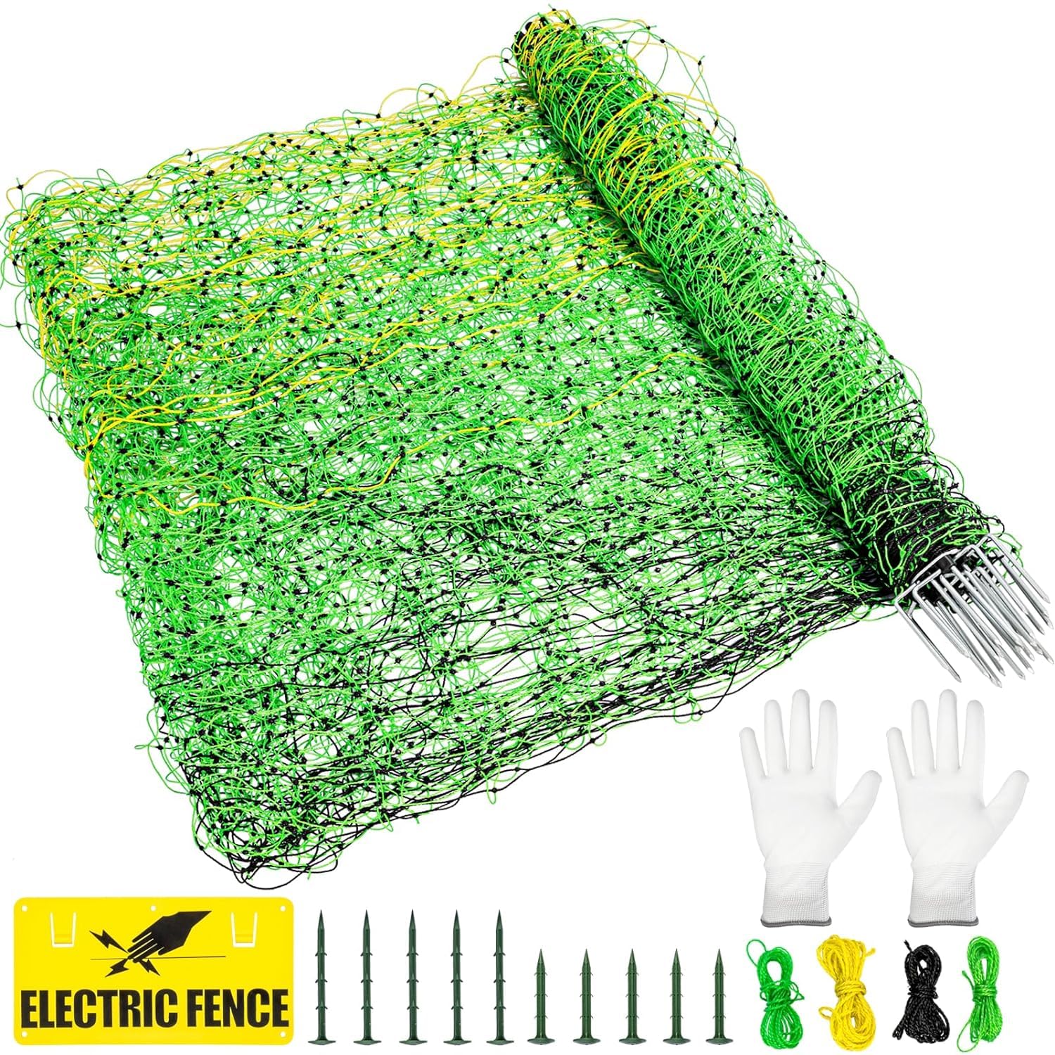 Electric Fence Netting, 49.6"x 164' Portable Electric Net Fence for Goats, Sheep, Lambs, Hogs in Backyards, Farms, Ranches, Homesteads and Gardens,(14 Posts, 2 Spikes,Green)