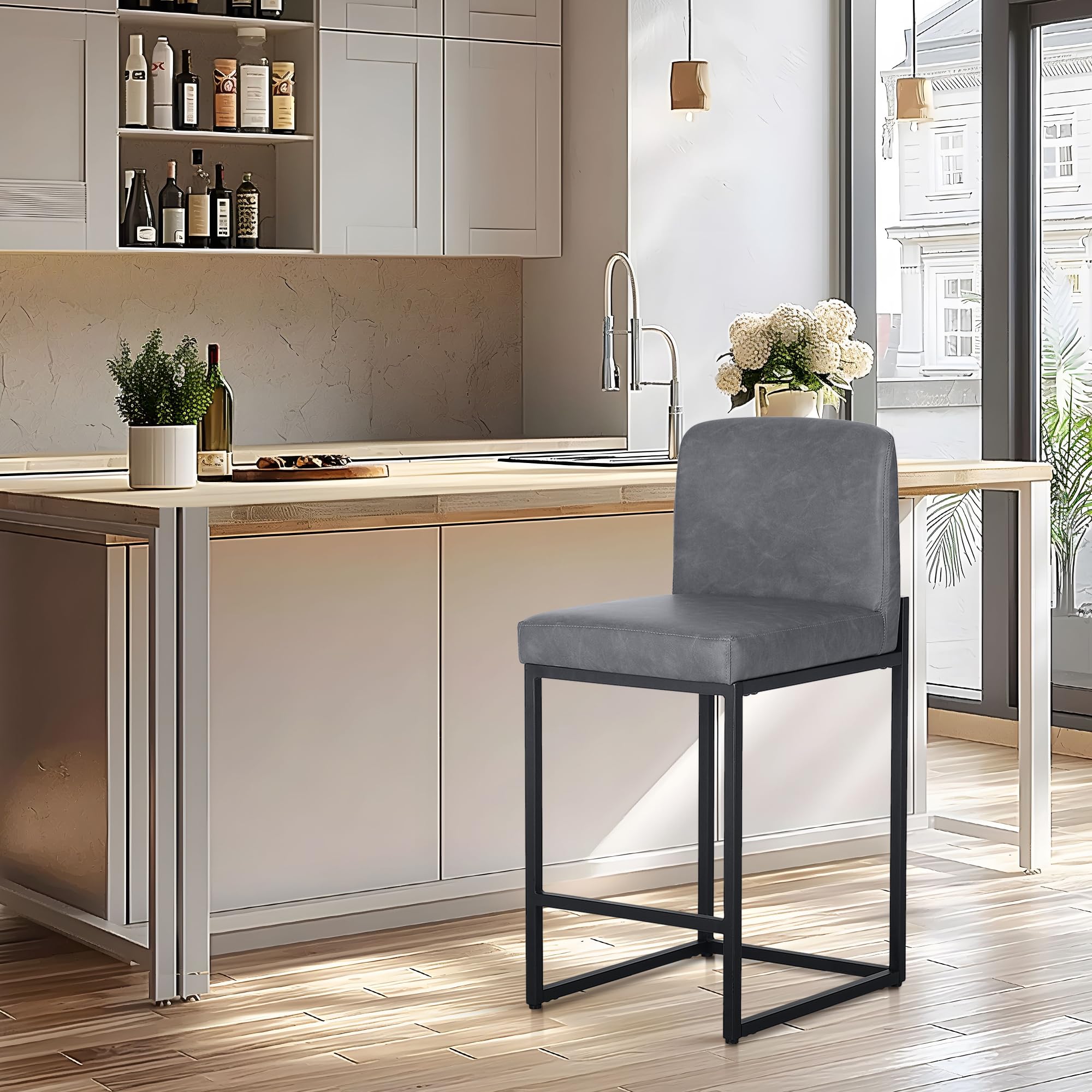 ALPHA HOMEBar Stools, Tall Kitchen Stools, Sturdy Steel Frame Breakfast Bar Chairs, 43.5 cm Tall, Soft Faux Leather Seat Kitchen Counter Chairs for Dining Area, Kitchen Island Barstools, 1 pcs, Grey