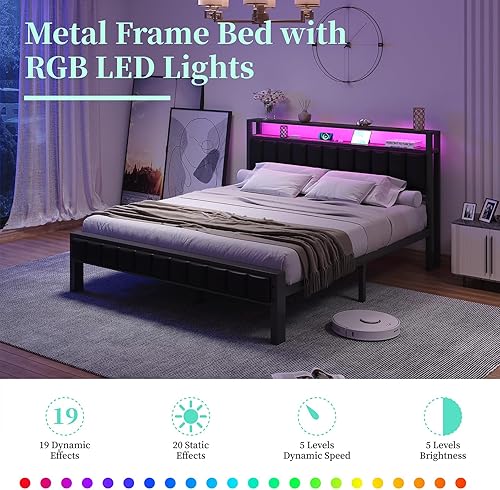 Miniatura 16 de Base de cama de tamaño matrimonial, plataforma LED con cabecera de piel sintética, estación de carga, espacio de almacenamiento de 2 niveles, no