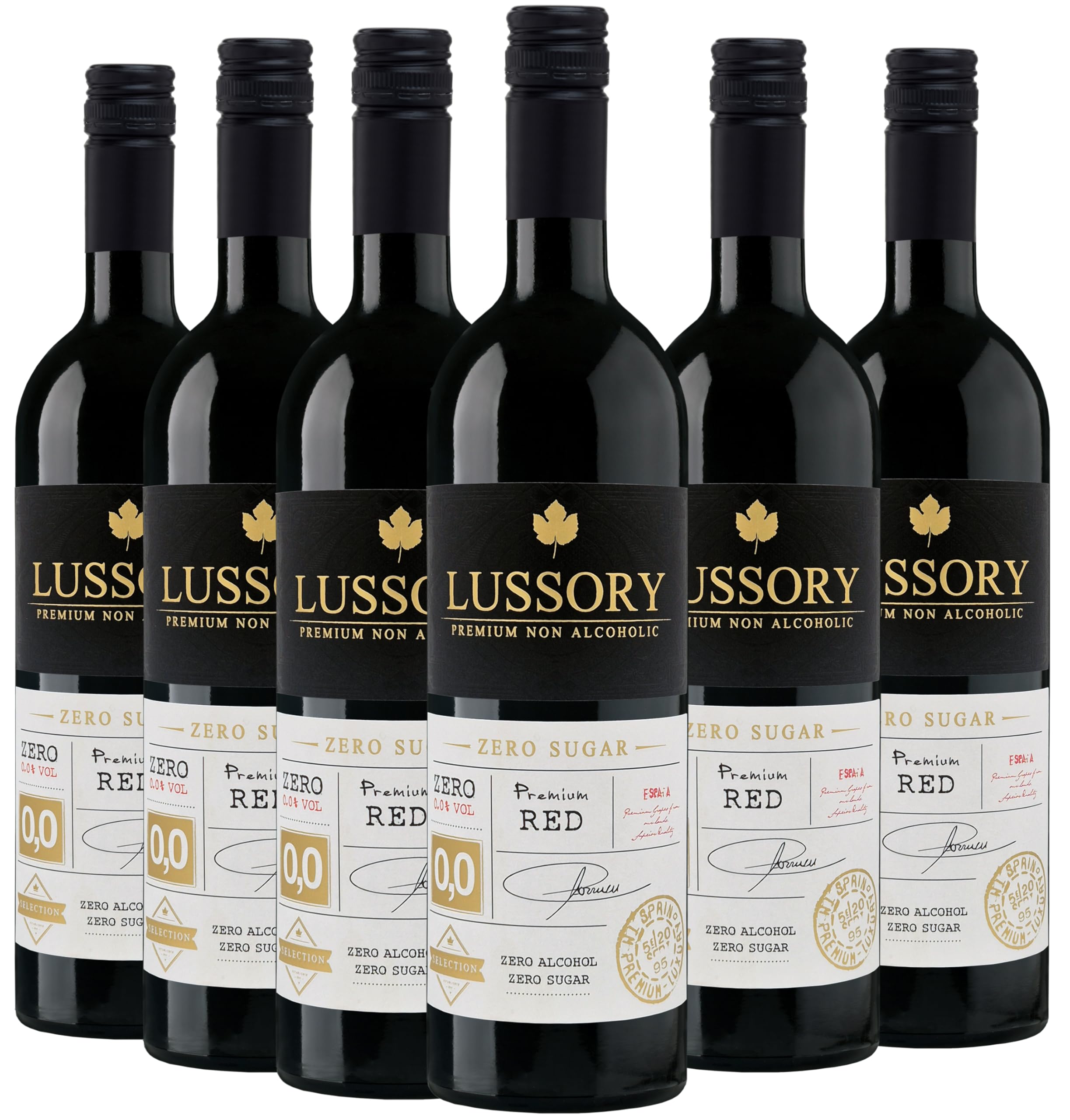 Vino Blanco y Tinto ZERO ALCOHOL & ZERO AZÚCAR - LUSSORY PREMIUM | Pack 6 botellas 750ml | 0,0° y BAJO en calorías | Vino clásico sin gota de alcohol. (Tinto)