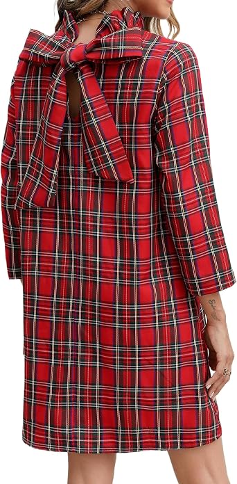 Kedera Womens Fall Bow Tie Dress Casual Mini Dress Ruffle Mock Neck Long Sleeve Dress Swing Elegant Shift Dress