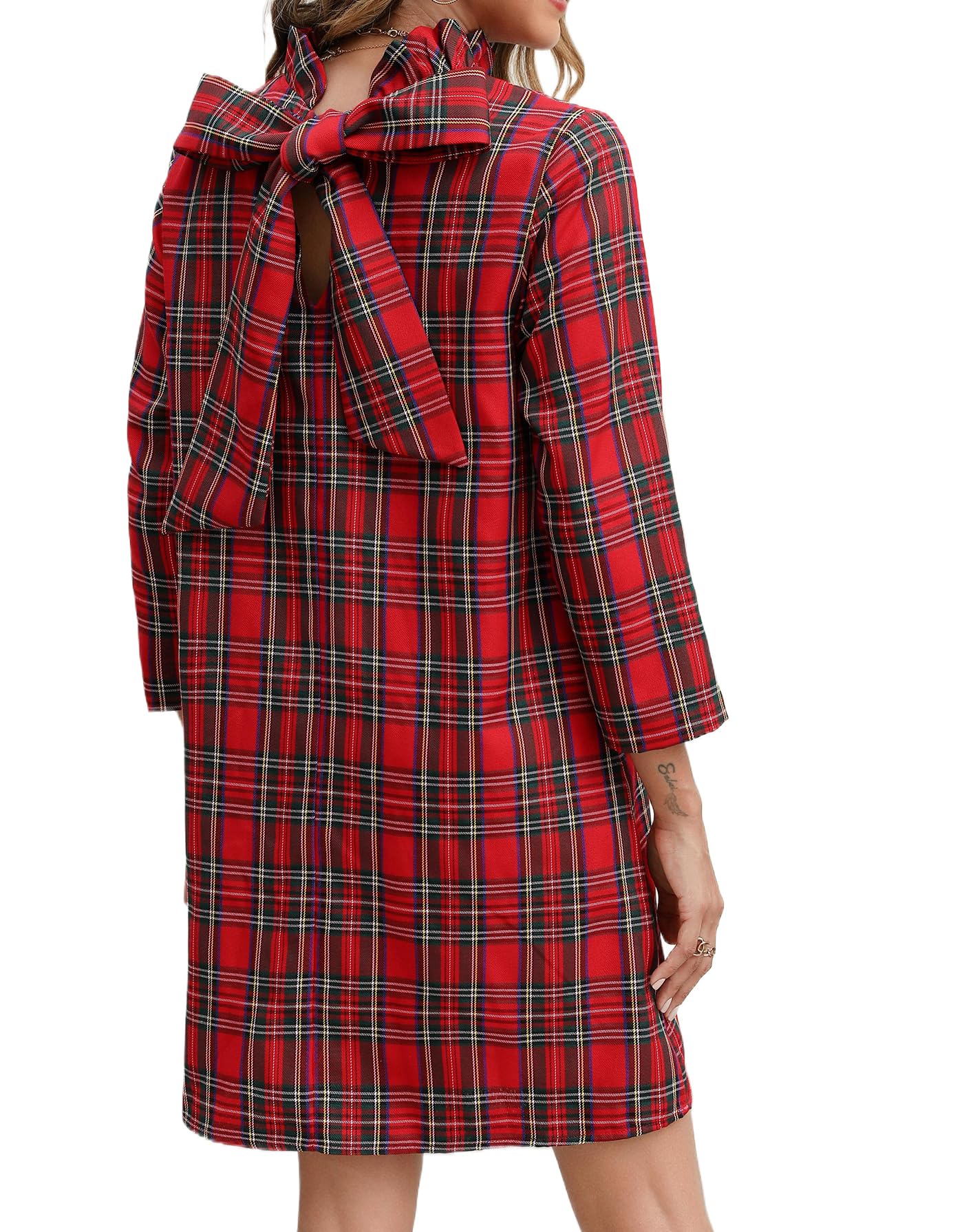 Kedera Womens Fall Bow Tie Dress Casual Mini Dress Ruffle Mock Neck Long Sleeve Dress Swing Elegant Shift