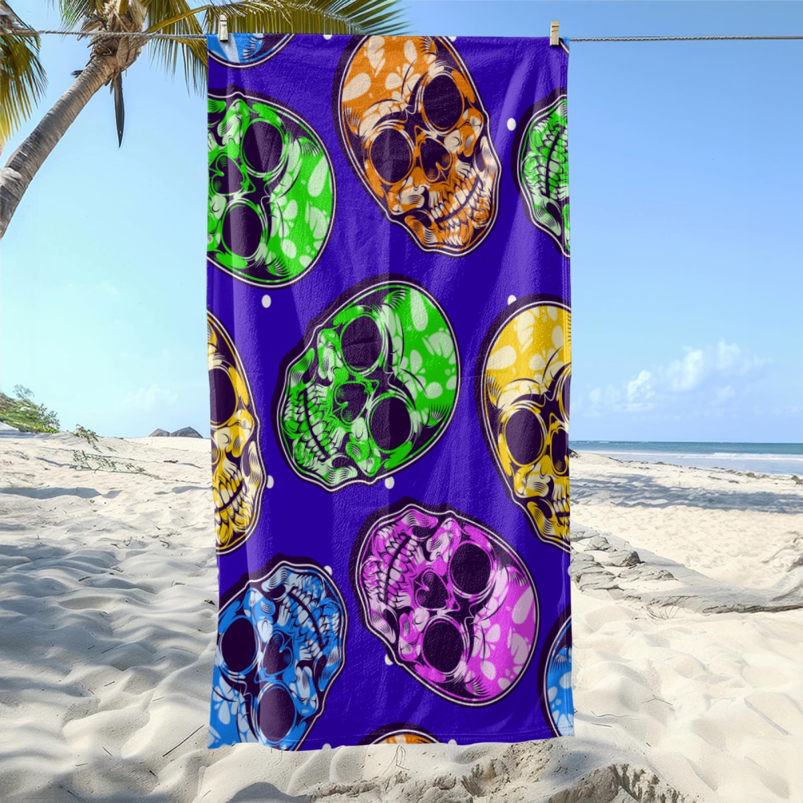 Drap de Plage XXL 200X200 Crâne Vert Serviettes de Plage en Microfibre,Serviette Piscine Extra Large sans Sable pour Adultes Séchage Rapide