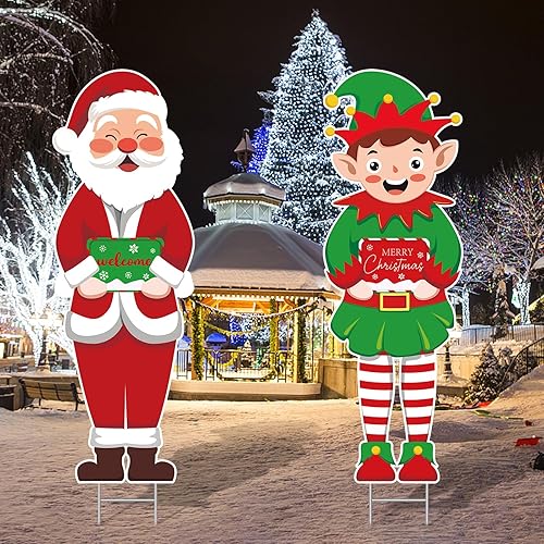 2 carteles de Navidad con estacas de elfo grande, decoraciones de Navidad al aire libre, césped de Navidad, letrero de bienvenida para Navidad,