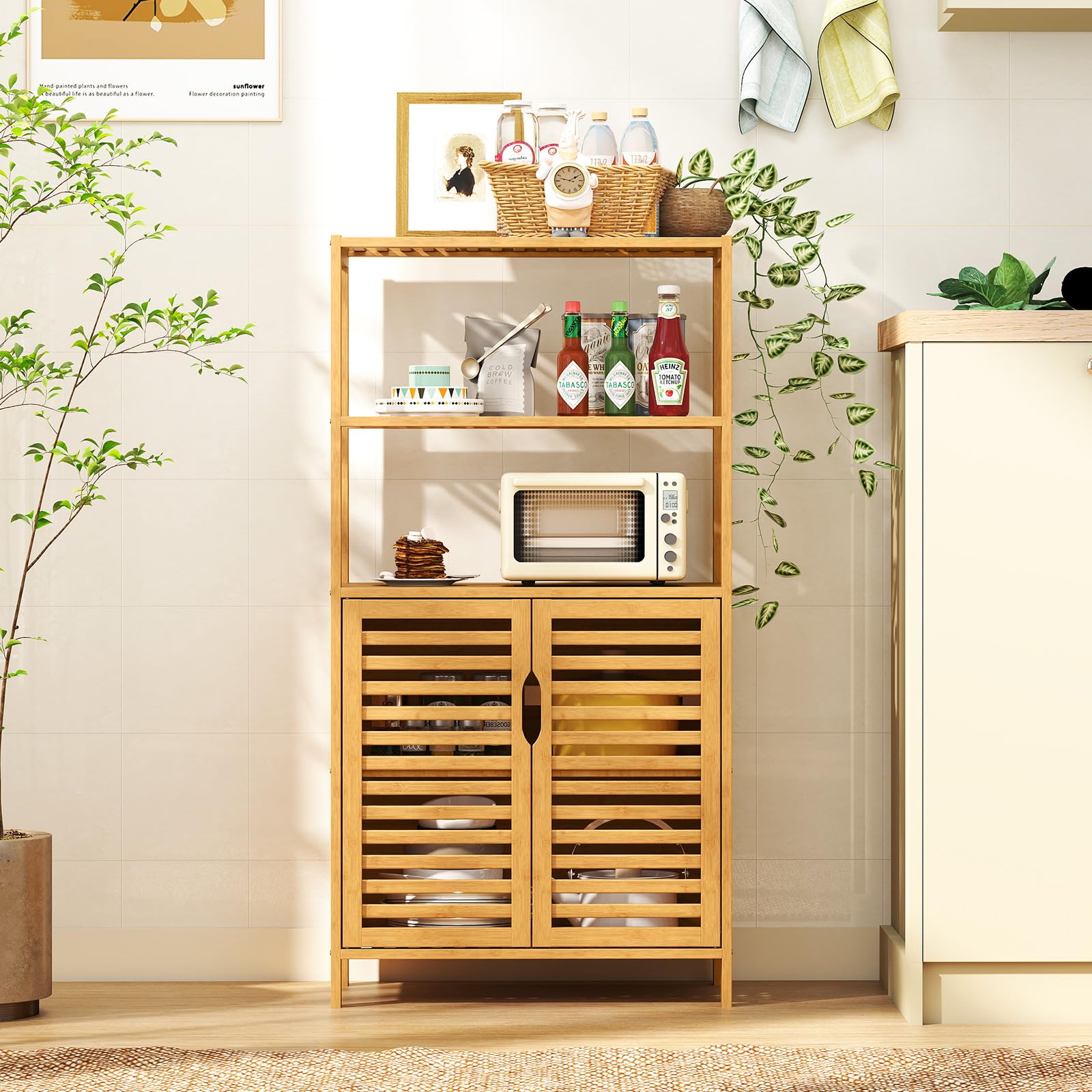 WAOHO Badkamerkast van Bamboe, Dressoir Woonkamer, Badregal Vrijstaand, Keukenkast (65.5cm X 33cm X 87cm