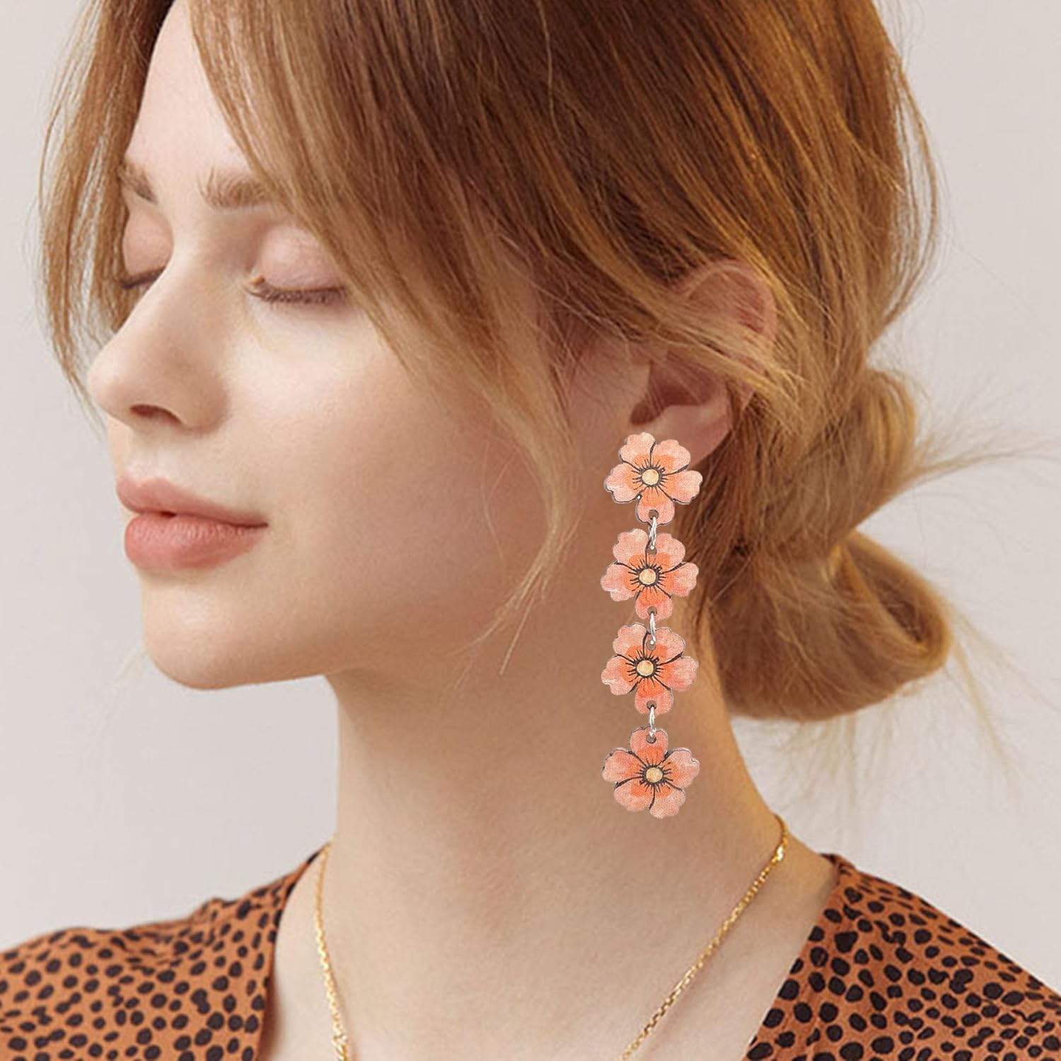 Wooden Flower Stud Earrings for Women Handmade Bohemian Flowers Print Drop Dangle Earrings Vacation Jewelry - Image 2