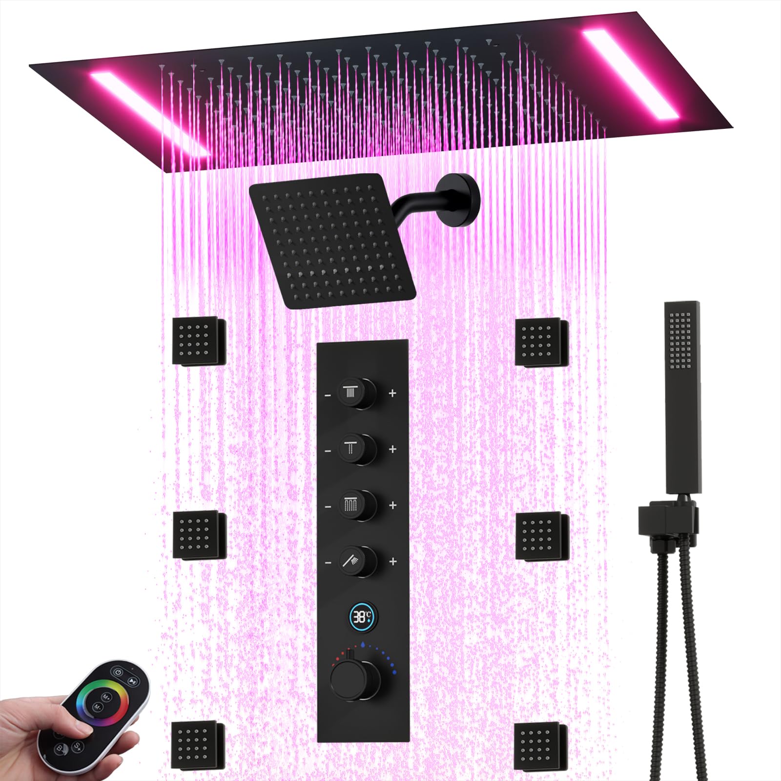 Smart Rain - Cabezal de ducha LED de techo con rociador de mano, sistema de ducha de lluvia negro mate de 20 x 14 pulgadas con chorros corporales para una experiencia de baño doble